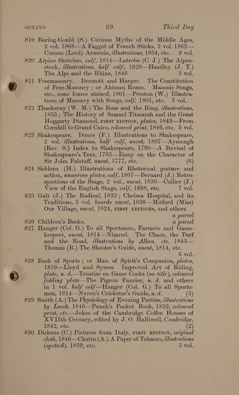 819 820 821 825 826 827 828 829 830 Baring-Gould (S.) Curious Myths of the Middle Ages, 2 vol. 1868—A Faggot of French Sticks, 2 vol. 1862— Curzon (Lord) Armenia, illustrations, 1854, ete. 9 vol. Alpine Sketches, calf, 1814——Latrobe (C. J.) The Alpen- stock, illustrations, half calf, 1829—Headley (J. T.) The Alps and the Rhine, 1846 3 vol. Freemasonry. Dermott and Harper. The Constitution of Free-Masonry ; or Ahiman Rezon. Masonic Songs, etc., some leaves stained, 1801—Preston (W.) Illustra- tions of Masonry with Songs, calf, 1801, etc. 3 vol. 1855; The History of Samuel Titmarsh and the Great Hoggarty Diamond, First EDITION, plates, 1849—-From Cornhill to Grand Cairo, coloured print, 1846, etc. 5 vol. Shakespeare. Donce (F.) Illustrations to Shakespeare, 2 vol. illustrations, half calf, uncut, 1807—Ayscough (Rev. 8.) Index to Shakespeare, 1790—-A Revisal of Shakespeare’s Text, 1765-—-Essay on the Character of Sir John Falstaff, uncut, 1777, ete. (6) Siddons (H.) Illustrations of Rhetorical gesture and action, numerous plates, calf, 1807—Bernard (J.) Retro- spections of the Stage, 2 vol., uncut, 1830—Collier (J.) View of the English Stage, calf, 1698, etc. 7 vol. Galt (J.) The Radical, 1832; Chelsea Hospital, and its Traditions, 3 vol. boards uncut, 1838—Mitford (Miss) Our Village, uncut, 1824, FIRST EDITIONS, and others | a parcel Children’s Books. a parcel Hanger (Col. G.) To all Sportsmen, Farmers and Game- keepers, uncut, 1814—Nimrod. The Chace, the Turf and the Road, illustrations by Alken, ete. 1843— Thomas (B.) The Shooter’s Guide, wneut, 1814, ete. 6 vol. Book of Sports; or Man of Spirit’s Companion, plates, 1819—Lloyd and Symes. Improved Art of Riding, plate, n. d.—Treatise on Game Cocks (no title), coloured folding plate—The Pigeon Fancier, ». d. and others in 1 vol. half calf—Hanger (Col. G.) To all Sports- men, 1814—-Nyren’s Gritwotee’ s Guide, n. d. (3) Smith (A.) The Physiology of Evening Parties, illustrations by Leech, 1846—Punch’s Pocket Book 1852, coloured print, etc.—Jokes of the Cambridge Coffee Houses of XVIIth Century, edited by J. O. Halliwell, Cambridge, 1842, ete. (2) Dickens (C.) Pictures from Italy, First EDITION, original cloth, 1846—Chatto (A.) A Paper of Tobacco, illustrations (spotted), 1839, ete. 5 vol.