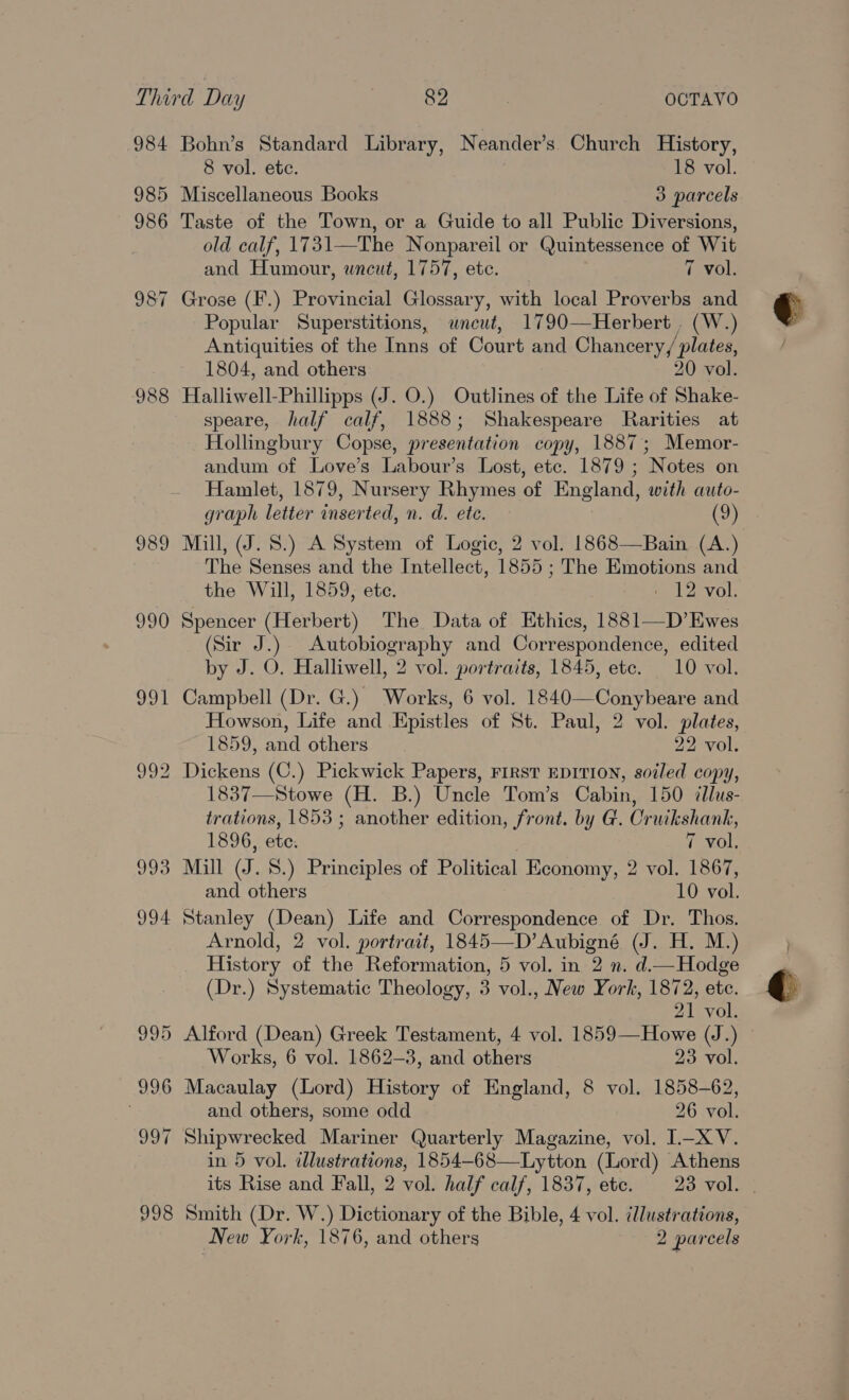 984 985 986 98 ~I 988 020 ve Bohn’s Standard Library, Neander’s. Church History, 8 vol. ete. 18 vol. Miscellaneous Books 3 parcels Taste of the Town, or a Guide to all Public Diversions, old calf, 1731—The Nonpareil or Quintessence of Wit and Humour, wneut, 1757, ete. 7 vol. Grose (F.) Provincial Glossary, with local Proverbs and Popular Superstitions, wneut, 1790—Herbert , (W.) Antiquities of the Inns of Court and Chancery, plates, 1804, and others 20 vol. Halliwell-Phillipps (J. O.) Outlines of the Life of Shake- speare, half calf, 1888; Shakespeare Rarities at Hollingbury Copse, presentation copy, 1887; Memor- andum of Love’s Labour’s Lost, etc. 1879 ; Notes on Hamlet, 1879, Nursery Rhymes of England, with auto- graph letter inserted, n. d. ete. ( Mill, (J. 8.) A System of Logic, 2 vol. 1868—Bain (A.) The Senses and the Intellect, 1855 ; The Emotions and the Will, 1859, etc. el Zev): Spencer (Herbert) The Data of Ethics, 1881—D’Ewes (Sir J.) Autobiography and Correspondence, edited by J. O. Halliwell, 2 vol. portraits, 1845, ete. 10 vol. Campbell (Dr. G.) Works, 6 vol. 1840—Conybeare and Howson, Life and Epistles of St. Paul, 2 vol. plates, 1859, and others 22 vol. 1837—Stowe (H. B.) Uncle Tom’s Cabin, 150 illus- trations, 1853 ; another edition, front. by G. Cruikshank, 1896, ete. 7 vol. and others 10 vol. Stanley (Dean) Life and Correspondence of Dr. Thos. Arnold, 2 vol. portrait, 1845—D’Aubigné (J. H. M.) History of the Reformation, 5 vol. in 2 n. d.—Hodge (Dr.) Systematic Theology, 3 vol., New York, 1872, ete. 21 vol. ) Alford (Dean) Greek Testament, 4 vol. 1859—Howe (J.) Works, 6 vol. 1862-3, and others 23 vol. Macaulay (Lord) History of England, 8 vol. 1858-62, and others, some odd 26 vol. Shipwrecked Mariner Quarterly Magazine, vol. -XV. in 5 vol. dllustrations, 1854—68—Lytton (Lord) Athens its Rise and Fall, 2 vol. half calf, 1837, ete. 23 vol. - Smith (Dr. W.) Dictionary of the Bible, 4 vol. illustrations,