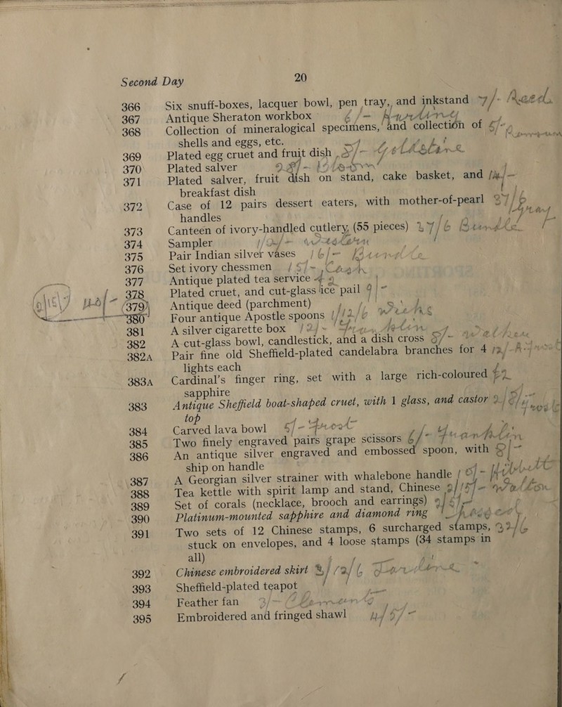     366 367 368 369 370 371 372 373 374 375 376 377 Six snuff-boxes, lacquer bowl, pen tray, and inkstand ~7 / : Awe el Antique Sheraton workbox © £ f= Pye SOD, Collection of mineralogical specimens,’ and collection of ef, shells and eggs, etc. — siete DIS es i cd Plated egg cruet and fruit dish , oy/* Ay A (hal, her &amp;. Plated salver |) Of 4? bss ta ‘ Plated salver, fruit dish on stand, cake basket, and /i/— breakfast dish t. Case of 12 pairs dessert eaters, with mother-of-pearl 2°// P Sampler [| Qaof mm rth / ig | Pair Indian silver vases ~/ ba 14-4 . Set ivory chessmen / § Pa! ne Antique plated tea service A Gi be Plated cruet, and cut-glass ‘ice pail 9 | ~ Antique deed (parchment) ‘sf, aa Four antique Apostle spoons Th 2 /Q We teen’ A silver cigarette box Og ~™ “Byes tg LAW = ’ “) te Sf opt at Fl BAL A-cut-glass bowl, candlestick, and a dish cross o/- Pair fine old Sheffield-plated candelabra branches for 4 /%, Pepe’ lights each , Cardinal’s finger ring, set with .a ;larg¢ rich-coloured £5 sapphire tf rs Sheffield boat-shaped cruet, with | glass, and castor °. 8/4 ¢  ee 7 Carved lava bowl 4] - oe oo ef mE he Two finely engraved pairs grape scissors Si 4 “a rad Aor An antique silver engraved and embossed spoon, with 9) ~ ship on handle es, : / {&gt; A Georgian silver strainer with whalebone handle / 6] -- oe Tea kettle with spirit lamp and stand, Chinese 9 Is] “ a bhsy. Set of corals (necklace, brooch and earrings) 9 ye ; 1 Platinum-mounted sapphire and diamond ring '_ ih hger' Two sets of 12 Chinese stamps, 6 surcharged stamps, %2//, stuck on envelopes, and 4 loose stamps (34 stamps in all) : 4 | jane A Chinese embroidered skirt ®,} (a 6 Gearhre,  Sheffield-plated teapot _ / by Feather fan a i “ {br Lior) ig ; Embroidered and fringed shawl hd 6/7 i  - WIC