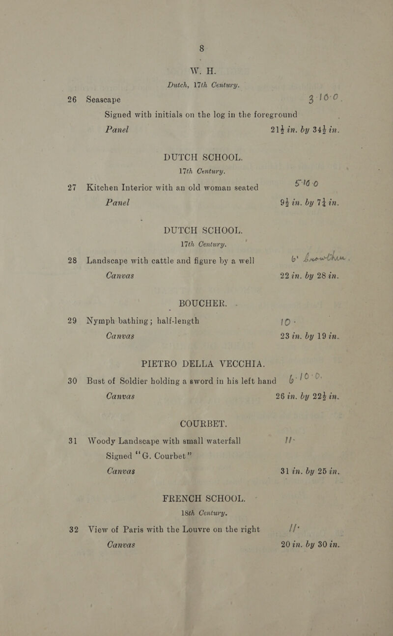 26 29 30 3] 32 8 Dutch, Vth Century. — Seascape 2:10:0; Signed with initials on the log in the foreground Panel 21kin. by 344 in. DUTCH SCHOOL. 17th Century. Kitchen Interior with an old woman seated 5°10-0 Panel 94 in. by Ti in. DUTCH SCHOOL. 17th Century. Landscape with cattle and figure by a well bY Luewliie , Canvas 22 in. by 28 in. BOUCHER. Nymph bathing; half-length lO: Canvas 23 in. by 19 in. PIETRO DELLA VECCHIA. Bust of Soldier holding a sword in his left hand 6° adi Canvas 26 in. by 224 in. COURBET. Woody Landscape with small waterfall I Signed ‘*G. Courbet ” Canvas 31 in. by 25 in. FRENCH SCHOOL. 18th Century. View of Paris with the Louvre on the right [{: