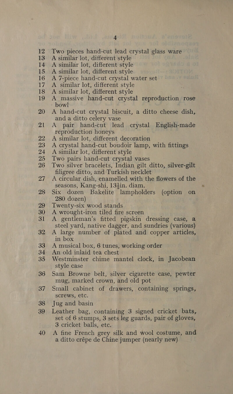 13 14 15 16 17 18 19 20 21 ee 23 24 25 26 ZF 28 29 30 31 Pa Pe 33 34 35 36 37 38 39 40 ge A similar lot, different style A similar lot, different style A similar lot, different style A 7-piece hand-cut crystal water set A similar lot, different style A similar lot, different style A massive hand-cut crystal reproduction rose bowl A hand-cut crystal biscuit, a ditto cheese dish, and a ditto celery vase A pair hand-cut lead crystal English-made reproduction honeys A similar lot, different decoration . A crystal hand-cut boudoir lamp, with fittings A similar lot, different style Two pairs hand-cut crystal vases Two silver bracelets, Indian gilt ditto, silver-gilt filigree ditto, and Turkish necklet A circular dish, enamelled with the flowers of the seasons, Kang-shi, 134in. diam. Six dozen Bakelite lampholders (option on 280 dozen) Twenty-six wood stands A wrought-iron tiled fire screen A gentleman’s fitted pigskin dressing case, a steel yard, native dagger, and sundries (various) A large number of plated and copper articles, in box A musical box, 6 tunes, working order An old inlaid tea chest - Westminster chime mantel clock, in Jacobean style case Sam Browne belt, silver cigarette case, pewter mug, marked crown, and old pot Small cabinet of drawers, containing springs, screws, etc. Jug and basin Leather bag, containing 3 signed cricket bats, set of 6 stumps, 3 sets leg guards, pair of gloves, 3 cricket balls, etc. A fine French grey silk and wool costume, and a ditto crépe de Chine jumper (nearly new)