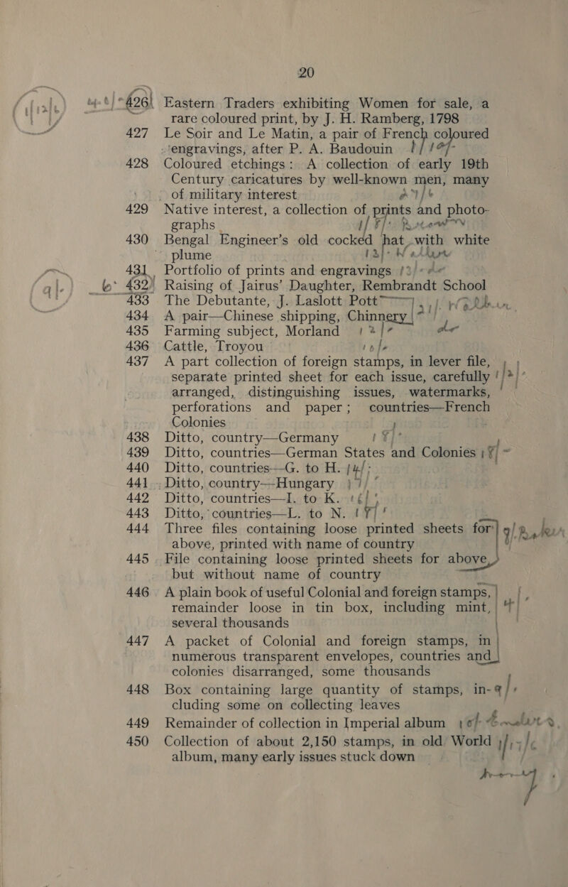 ‘)*°426! Eastern Traders exhibiting Women for sale, a a rare coloured print, by J. H. Ramberg, 1798 427 Le Soir and Le Matin, a pair of French coloured engravings, after P. A. Baudouin | FF- 428 Coloured etchings: A collection of early 19th Century caricatures by well- known en, many ' . of military interest car 429 Native interest, a collection of print and photo- graphs ' 24 CON 430 Bengal Engineer’s old sece d hat. with white ~~ plume 3) Maye 431 Portfolio of prints and engravings /))«9°&lt; a 439) Raising of Jairus’ Daughter, inepobraniat School ~433 The Debutante, J. Laslott Pott™--—— fs ri’ &gt; BP Lr 434 A pair—Chinese shipping, Chinn a1f- re | 435 Farming subject, Morland | 2/7 ay 436 Cattle, Troyou IE 437 &lt;A part collection of foreign stamps, in lever file, I, | separate printed sheet for each issue, carefully '/* arranged, distinguishing issues, watermarks, ; perforations and perehs countries—French Colonies | 438 Ditto, country—Germany eo 439 Ditto, countries—German States and Colonies '- 440 Ditto, countries—G. to H. by: 441 . Ditto, country—Hungary } 7) © 442 Ditto, countries—I. to K. ‘{} § 443 Ditto, countries—L. to N. | ¥/ ’ 444 Three files containing loose printed sheets for 9 D Ae’ above, printed with name of country bee 445 . File containing loose printed sheets for above, but without name of country 446. A plain book of useful Colonial and foreign stamps, up remainder loose in tin box, including mint, | several thousands 447 A packet of Colonial and foreign stamps, in numerous transparent envelopes, countries a) colonies disarranged, some thousands 448 Box containing large quantity of stamps, in-@} ' cluding some on collecting leaves , 449 Remainder of collection in [mperial album | of car tc? 450 Collection of about 2,150 stamps, in old World ; ifr) album, many early issues stuck down 2. 7 6