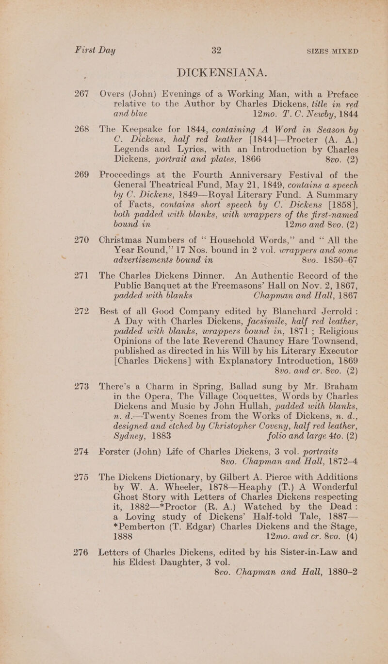 267 268 269 270 ATA 272 273 274 275 276 DICKENSIANA. Overs (John) Evenings of a Working Man, with a Preface relative to the Author by Charles Dickens, title in red and blue 12mo. T.C. Newby, 1844 The Keepsake for 1844, containing A Word in Season by C. Dickens, half red leather [1844]—Procter (A. A.) Legends and Lyrics, with an Introduction by Charles Dickens, portrait and plates, 1866 8vo. (2) Proceedings at the Fourth Anniversary Festival of the General Theatrical Fund, May 21, 1849, contains a speech by CU. Dickens, 1849—Royal Literary Fund. A Summary of Facts, contains short speech by C. Dickens [1858], both padded with blanks, with wrappers of the first-named bound in 12mo and 8vo. (2) Christmas Numbers of ‘‘ Household Words,’ and ‘“‘ All the Year Round,” 17 Nos. bound in 2 vol. wrappers and some advertisements bound in 8vo. 1850-67 The Charles Dickens Dinner. An Authentic Record of the Public Banquet at the Freemasons’ Hall on Nov. 2, 1867, padded with blanks Chapman and Hall, 1867 Best of all Good Company edited by Blanchard Jerrold : A Day with Charles Dickens, facsimile, half red leather, padded with blanks, wrappers bound in, 1871; Religious Opinions of the late Reverend Chauncy Hare Townsend, published as directed in his Will by his Literary Executor {Charles Dickens] with Explanatory Introduction, 1869 8vo. and cr. 8vo. (2) There’s a Charm in Spring, Ballad sung by Mr. Braham in the Opera, The Village Coquettes, Words by Charles Dickens and Music by John Hullah, padded with blanks, n. d.—Twenty Scenes from the Works of Dickens, n. d., designed and etched by Christopher Coveny, half red leather, Sydney, 1883 folio and large 4to. (2) Forster (John) Life of Charles Dickens, 3 vol. portraits 8vo. Chapman and Hall, 1872-4. The Dickens Dictionary, by Gilbert A. Pierce with Additions by W. A. Wheeler, 1878—Heaphy (T.) A Wonderful Ghost Story with Letters of Charles Dickens respecting it, 1882—*Proctor (R. A.) Watched by the Dead: a Loving study of Dickens’ Half-told Tale, 1887— *Pemberton (T. Edgar) Charles Dickens and the Stage, 1888 12mo. and cr. 8vo. (4) Letters of Charles Dickens, edited by his Sister-in-Law and his Eldest Daughter, 3 vol. | 8vo. Chapman and Hall, 1880-2