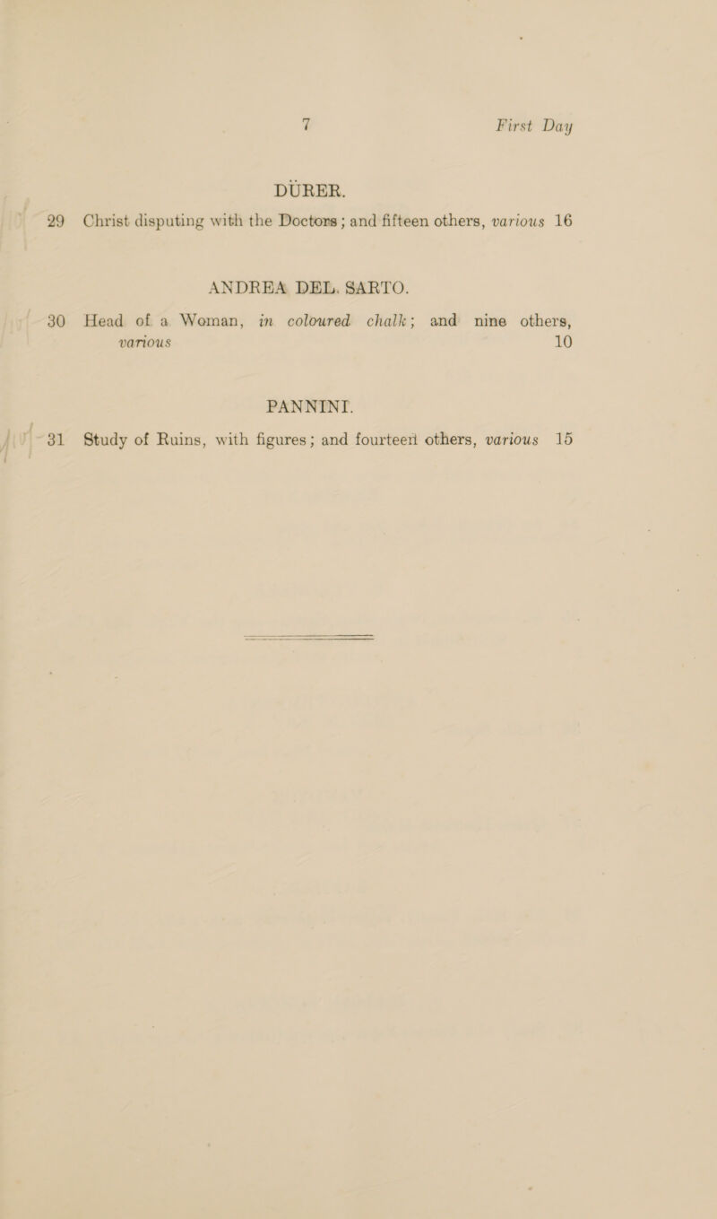 DURER. 29 Christ disputing with the Doctors ; and fifteen others, various 16 ANDREA DEL. SARTO. 30 Head of a Weman, in coloured chalk; and nine others, various 10 PANNINI. 31 Study of Ruins, with figures; and fourteen others, various 15 