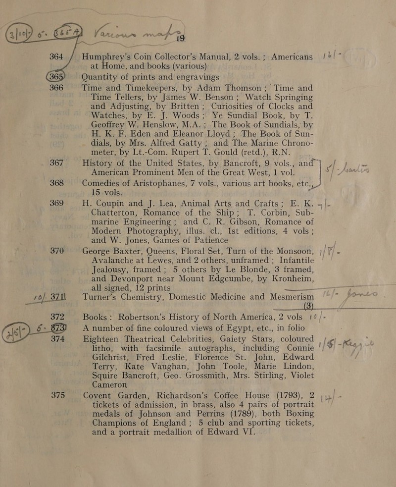  368 370) 375 at Home, and books (various): Ouantity of prints and engravings Time and Timekeepers, by Adam Thomson; Time and Time Tellers, by James W. Benson ; Watch Springing and Adjusting, by Britten; Curiosities of Clocks and ‘Watches, by E. J. Woods; Ye Sundial Book, by T. Geoffrey W. Henslow, M.A. ; The Book of Sundials, by H. K. F. Eden and Eleanor Lloyd ; The Book of Sun- dials, by Mrs. Alfred Gatty ; and The Marine Chrono- meter, by Lt.-Com. Rupert T. Gould (retd.), R.N. American Prominent Men of the Great West, 1 vol. 15 vols. H. Coupin and J. Lea, Animal Arts and Crafts; E. K. Chatterton, Romance of the Ship; T. Corbin, Seen marine Engineering; and C. R. Gibson, Romance of Modern Photography, illus. cl., Ist editions, 4 vols; and W. Jones, Games of Patience George Baxter, Queens, Floral Set, Turn of the Monsoon, Jealousy, framed ; 5 others by Le Blonde, 3 framed, and Devonport near Mount Edgcumbe, by Kronheim, all signed, 12 prints Sa Turner’s Chemistry, Domestic Medicine and Mesmerism | A} j a A number of fine coloured views of Egypt, etc., in folio Gilchrist, Fred Leslie, Florence St. John, Edward Terry, Kate Vaughan, John Toole, Marie Lindon, Squire Bancroft, Geo. Grossmith, Mrs. Stirling, Violet Cameron medals of Johnson and Perrins (1789), both Boxing Champions of England; 5 club and sporting tickets, and a portrait medallion of Edward VI.