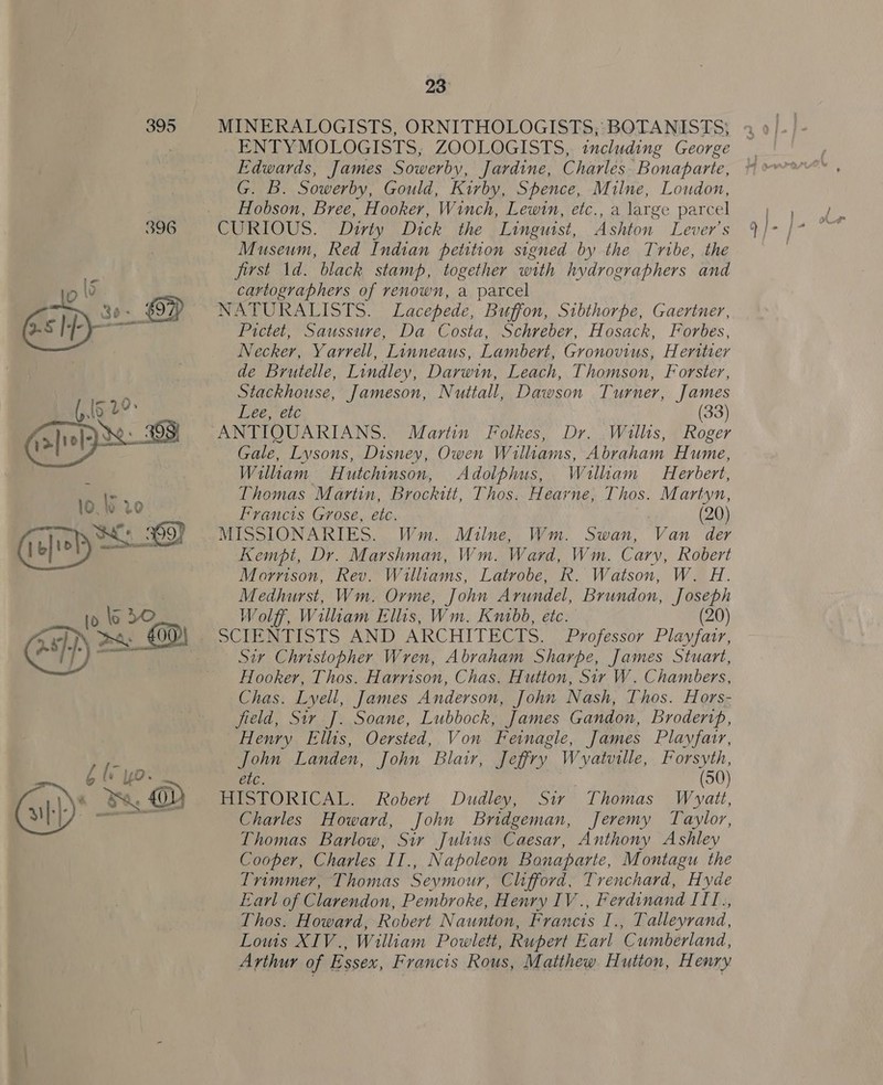 395 23° MINERALOGISTS, ORNITHOLOGISTS;: BOTANISTS; Edwards, James Sowerby, Jardine, Charles- Bonaparte, G. B. Sowerby, Gould, Kirby, Spence, Milne, Loudon, Hobson, Bree, Hooker, Winch, Lewin, etc., a large parcel CURIOUS. Dirty Dick the Linguist, Ashton Lever’s Museum, Red Indian petition signed by the Tribe, the first 1d. black stamp, together with hydrographers and cartographers of renown, a parcel NATURALISTS. Lacepede, Buffon, Sibthorpe, Gaertner, Pictet, Saussure, Da Costa, Schreber, Hosack, Forbes, Necker, Yarrell, Linneaus, Lambert, Gronovius, Heritier de Brutelle, Lindley, Darwin, Leach, Thomson, Forster, Stackhouse, Jameson, Nuttall, Dawson Turner, James Lee, etc (33) ANTIOQUARIANS. Martin Folkes, Dr. Willis, Roger Gale, Lysons, Disney, Owen Williams, Abraham Hume, Wiltam Hutchinson, Adolphus, Wiliam Herbert, Thomas Martin, Brockitt, Thos. Hearne, Thos. Martyn, Francis Grose, etc. (20) MISSIONARIES. Wm. Milne, Wm. Swan, Van der Kempt, Dr. Marshman, Wm. Ward, Wm. Cary, Robert Morrison, Rev. Williams, Latrobe, R. Watson, W. H. Medhurst, Wm. Orme, John Arundel, Brundon, Joseph Wolff, Wiliam Ellis, Wm. Kn1bb, etc. (20) SCIENTISTS AND ARCHITECTS. Pvofessor Playfair, Sir Christopher Wren, Abraham Sharpe, James Stuart, Hooker, Thos. Harrison, Chas. Hutton, Sir W. Chambers, Chas. Lyell, James Anderson, John Nash, Thos. Hors- field, Sir J. Soane, Lubbock, James Gandon, Brodertp, Henry Ellis, Oersted, Von Feinagle, James Playfatr, John Landen, John Blair, Jeffry Wvatville, Forsyth, etc. ; (50) HISTORICAL. Robert Dudley, Sir Thomas Wyatt, Charles Howard, John Bridgeman, Jeremy Taylor, Thomas Barlow, Sir Julius Caesar, Anthony Ashley Cooper, Charles II., Napoleon Bonaparte, Montagu the Trimmer, Thomas Seymour, Clifford, Trenchard, Hyde Earl of Clarendon, Pembroke, Henry IV ., Ferdinand IT1., Thos. Howard, Robert Naunton, Francis I., Talleyrand, Lows XIV., William Powlett, Rupert Earl Cumberland, Arthur of Essex, Francis Rous, Matthew Hutton, Henry