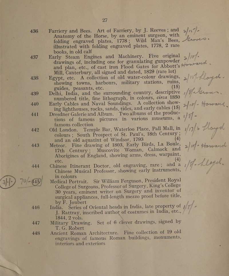 436 437 27 Anatomy of the Horse, by an eminent surgeon, with illustrated with folding engraved plates, 1778, 2 rare books, in old calf Early Steam Engines and Machinery. Five original drawings of, including one for granulating gunpowder Mill, Canterbury, all signed and dated, 1829 (rare lot) Egypt, etc. A collection of old water-colour drawings, showing towns, harbours, military stations, ruins, guides, peasants, etc. (15) Delhi, India, and the surrounding country, descriptive numbered title, fine lithograph, in colours, circa 1850 Dresdner Galerie and Album. Two albums of the produc- tions of famotis pictures in various museums, 4 famous collection : Old London. Temple Bar, Waterloo Place, Pall Mall, in colours; South Prospect of St. Paul’s, 18th Century ; and an old aquatint of Windsor, 1793 (4) Meteor. Fine drawing of 1803, Early Birds, La Boule, 17th Century; Muscovite Woman, Calmock and Aborigines of England, showing arms, dress, i EtG: Chinese Itinerant Doctor, old engraving, rare; and a Chinese Musical Professor, showing early instruments, in colours. Medical Portrait. Sir William Ferguson, President Royal College of Surgeons, Professor of Surgery, King’s College 30 years, eminent writer on Surgery and inventor of surgical appliances, full-length mezzo proof before title, by F. Joubert India. Series of Oriental heads in India, late property of J. Rattray, inscribed author of costumes in India, etc., 1844, 2 vols. \ Military Drawing. Set of 6 clever drawings, signed by T.-G. Robert Ancient Roman Architecture. Fine collection of 19 old engravings of famous Roman buildings, monuments, interiors and exteriors ' ~ 4 ayo ther