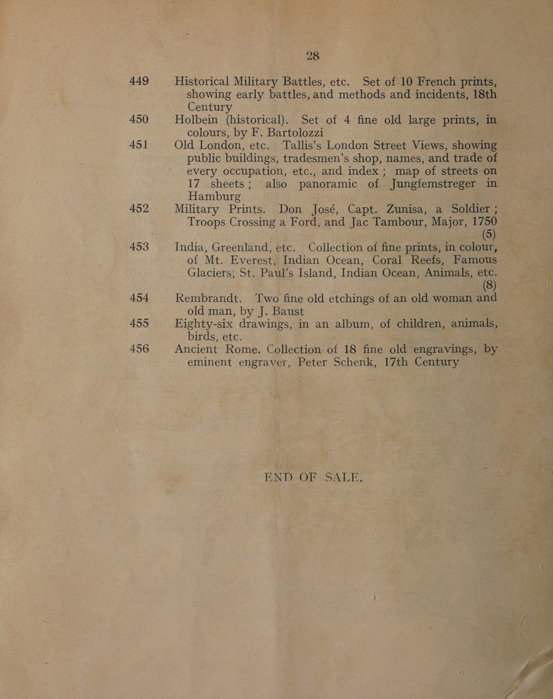 449 450 451 452 453 454 455 456 28 Historical Military Battles, etc. Set of 10 French prints, showing early battles, and methods and incidents, 18th Century colours, by F. Bartolozzi , Old London, etc. Tallis’s London Street Views, showing public buildings, tradesmen’s shop, names, and trade of every occupation, etc., and index; map of streets on 17 sheets; also panoramic of Jungfemstreger in Hamburg ; Military Prints. Don José, Capt. Zunisa, a Soldier ; Troops Crossing a Ford, and Jac Tambour, Major, ie 5 of Mt. Everest, Indian Ocean, Coral Reefs, Famous Glaciers; St. Paul’s Island, Indian Ocean, Animals, etc. Rembrandt. Two fine old etchings of an old woman and old man, by J. Baust birds, etc. of Ancient Rome. Collection of 18 fine old engravings, by eminent engraver, Peter Schenk, 17th Century END-OF SALE, —