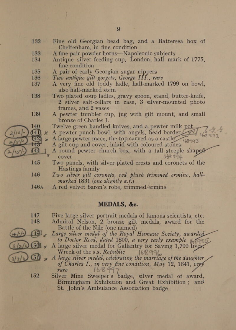 2 Fine old Georgian bead bag, and a Battersea box of Cheltenham, in fine condition A fine pair powder horns—Napoleonic subjects Antique silver feeding cup, London, hall mark of 1775, fine condition A pair of early Georgian sugar nippers Two antique gilt gorgets, George III., rare A very fine old toddy ladle, hall-marked 1799 on bowl, also hall-marked stem Two plated soup ladles, gravy spoon, stand, butter-knife, 2 silver salt-cellars in case, 3 silver-mounted photo frames, and 2 vases A pewter tumbler cup, jug with gilt mount, and small bronze of Charles I. Twelve green handled knives, and a pewter milk pot. A pewter punch bowl, with angels, head border/-Zy , A large pewter mace, the top carved as a castle7~jj9..4.2 A gilt cup and cover, inlaid with coloured stones =” A round pewter church box, with a tall peaue shapgd cover MR 4 Two panels, with silver-plated crests and coronets of the Hastings family Two silver gilt coronets, red plush trimmed ermine, hall- marked 1831 (one slightly a.f.) A ted velvet baron’s robe, trimmed/ermine   MEDALS, &amp;c. Five large silver portrait medals of famous scientists, etc. Admiral Nelson, 2 bronze gilt medals, award for the Battle of the Nile (one named) Large silver medal of the Royal Humane Society, awarde to Doctor Reed, dated 1800, a very early example L45 A large silver medal for Gallantry for es 1,700 live Wreck of the s.s. Republic 1624 A large silver medal, celebrating the it ie of the daughter of Charles I., in very Jine condition, May 12, 1641, ve 16   vare &amp;S FF 7, Silver Mine Sweeper’s badge, silver medal of award, Birmingham Exhibition and Great Exhibition; and St. John’s Ambulance Association badge