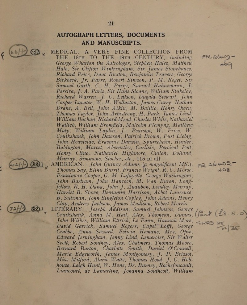 AUTOGRAPH LETTERS, DOCUMENTS AND MANUSCRIPTS. MEDICAL, A=VERYSFINE.~COLLECTION . FROM THE 16TH TO THE 19tH CENTURY, including PRD George Wharton the Astrologer, Stephen Hales, Matthew mee Hale, Sir Clifton Wintringham, Sir James Stonehouse, Richard Price, Isaac Buxton, Benjamin Travers, George Birkbeck, Jv. Farre, Robert Simson, P. M. Roget, Str Samuel Garth, 6 Parry, Samuel Hahnemann, J. Pereira, J. A. Paris, Sir Hans Sloane, Wriliam Stukeley, Richard Warren, J. C. Letison, Dugald Stewart, John Casper Lavater, W. H. Wollaston, James Curry, Nathan Drake, A. Bell, John Atkin, M. Bailie, Henry Owen, Thomas Taylor, John Armstrong, H. Park, James Lind, William Buchan, Richard Mead, Charles White, Nathaniel Wallich, Wiliam Bromfield, Maicolm Flemyng, Matthew Maty, Wilham Taplin, J. Pearson, W. Price, W. Crutkshank, John Dawson, Patrick Brown, Fust Liebig, John Heaviside, Erasmus Darwin, Spurzeheam, Hunter, Babingion, Marcet, Abernethy, Carlisle, Percival Pott, Henry Cline, Nathamel Highmore, Cullen, Dolland, se Murray, Simmons, Stocker, etc., 115 in all Gap) 888 y AMERICAN. bk ohn Quincy Adams (a magnificent MS.), pe 2bxOoR™ Fennimore Cooper, G. M. Lafayette, George Washington, John Bartram, John Hancock, M. Van Buren, Long- fellow, R. H. Dana, John J. Audubon, Lindley Murray, Harnet B. Stowe, Benjamin Harrison, Abbot Laurence, B. Silliman, John Singleton Copley, John Adams, Henry ey Clay, Andrew Jackson, James Madison, Robert Morris : LITERARY. Joseph Addison, Samuel Johnson, George De ig “Cruikshank, Anna M. Hail, Alex. Thomson, Dumas, ( (Bx4+ ( 33. &amp; 2) John Wilkes, William Ettrick, Le Fanu, Hannah More, ToHRD as ; David Garrick, Samuel Rogers, Capel~ Lofft, George “op ae Crabbe, Anna Seward, Felicia Hemans, Mrs. Opie, | Edward Jerningham, Jenny Lind, Lemercier, Sir Walter Scott, Robert Southey, Alex. Chalmers, Thomas Moore, Bernard Barton, Charlotte Smith, Daniel O'Connell, Mana Edgeworth, James Montgomery, J. P. Brissot, Miss Mitford, Alaric Watts, Thomas Hood, J]. C. Hob- house, Leigh Hunt, W. Hone, Dr. Burney, Rochefoucault, Liancourt, de Lamartine, Johanna Southcott, William 