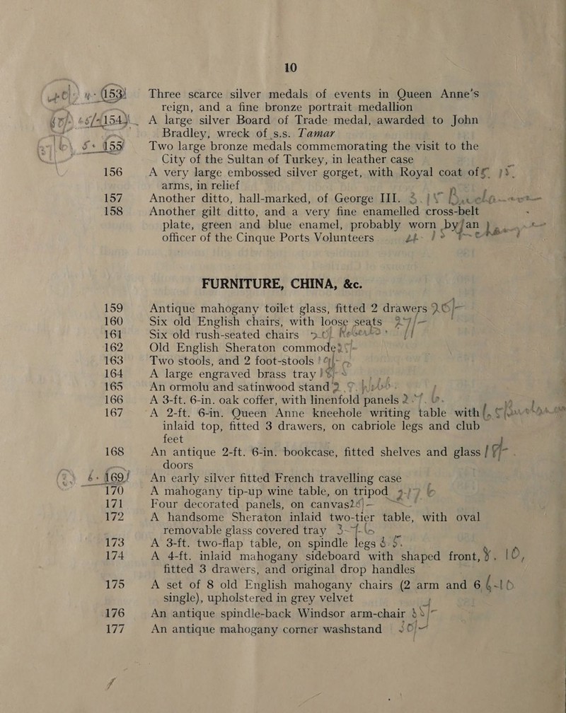 Three scarce silver medals of events in Queen Anne’s reign, and a fine bronze portrait medallion A large silver Board of Trade medal, awarded to John Bradley, wreck of .s.s. Tamar Two large bronze medals commemorating the visit to the City of the Sultan of Turkey, in leather case § A very large embossed silver gorget, with Royal coat off J}, arms, in relief Te Another gilt ditto, and a very fine enamelled cross-belt plate, green and blue enamel, abies ne ge a be. officer of the Cinque Ports Volunteers FURNITURE, CHINA, &amp;c. Antique mahogany toilet glass, fitted 2 drawers 26) Six old English chairs, with loos eS 27/- = Six*old rush-seated chairs pj Keserto 7] Old English Sheraton commodes Ay, Two stools, and 2 foot-stools ! cy - A large engraved brass tray !© ah An ormolu and satinwood stand 3 2.7. pbs he A 3-ft. 6-in. oak coffer, with linenfold Pasi ie or A 2-ft. 6-n. Queen Anne kneehole writing table with (So inlaid top, fitted 3 drawers, on cabriole legs and club feet An antique 2-ft. 6-in. bookcase, fitted shelves and glass | - doors An early silver fitted French travelling case A mahogany tip-up wine table, on tripod 437 &amp; Four decorated panels, on canvas)s|-~ A handsome Sheraton inlaid two-tier table, with oval removable glass covered tray 3~7-(. A 3-ft. two-flap table, on spindle legs 3. oe A 4-ft. inlaid mahogany sideboard with shaped front, ¥. [0 fitted 3 drawers, and original drop handles | A set of 8 old English mahogany chairs (2 arm and 6 6-16 single), upholstered in grey velvet An antique spindle-back Windsor arm-chair ba}m An antique mahogany corner washstand =< oO)
