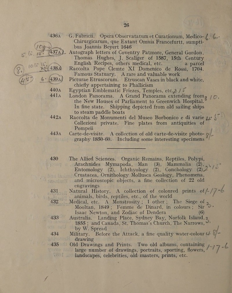 “4364 G. Fabricii. ‘Opera Observatatum et Curationum, Medico- {. 6. Chirurgicarum, que Extant Omnia Francefurtt, sumpti- POO eo) — bus Joannis Beyert 1646 -! “(4374 }.. Autograph letters of Coventry Patmore, General Gordon, 26 Thomas. Hughes, J. Scaliger of 1587, 15th Century The Fa English Recipes, others medical, etc. ~~ _ a _ parcel 0-( 4384) Raccolta Pope Clemte XI Domenico de Rossi, 1704. oo Famous Statuary. A rare and valuable work &amp;* (439A; Picturae Etruscorum. Etruscan Vases in black and white, : chiefly appertaining to Phallicism 4404 Egyptian Emblematic Friezes, Temples, etc.2/ J 441, London Panorama. A Grand Panorama extending from, / @, the New Houses of Parliament to Greenwich Hospital. In fine state. Shipping depicted from old sailing ships to steam paddle boats fe 4424 Raccolta de Monumenti del Museo Borbonico e di varie ,y/ \ Collezioni private. Fine plates from antiquities of Pompeii ae oe 4434 Carte-de-visite. A collection of old carte-de-visite photo- @/. graphy 1850-60. Including some interesting specimens ‘ 430 The Allied Sciences. Organic Remains, Reptiles, Polypi, | Arachnides Mymapoda, Man (3), Mammalia (2),.\ , «&gt; Entomology (2), Ichthyology (2), Conchology (2), 2 dup Crustacea, Ornithology Mollusca Geology, Phenomena, and microscopic objects, a fine collection of 22 old engravings 431... Natural History. A collection of coloured prints otf / a wf ...+...~ » animals, birds, reptiles, etc., of the world 432... Medical, etc. A Monstrosity ; 1 other; The Siege of 5 Lp sik Mooltan, 1849; Femme de Dinard, in colours; Sir D&gt; Isaac Newton, and Zodiac of Dendera (6) 433 Australia. Landing Place, Sydney Bay, Norfolk Island, 2 1855; and Canada, St. Thomas’s Church, The Narrows, “by W. Spread / 434 Military. Before the Attack, a fine quality water-colour 4 of drawing 435° Old Drawings and Prints. Two old albums, containing 1 eA large number of drawings, portraits, sporting, flowers, ¢ / landscapes, celebrities, old masters, prints, etc.