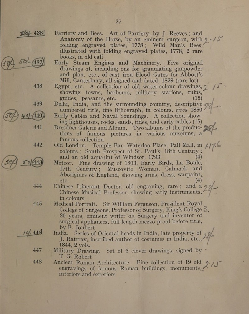 - 436 438 444 445 447 448 27 Farriery and Bees. Art of Farriery, by J. Reeves ; and 3 Anatomy of the Horse, by an eminent surgeon, with 9 - / 5” folding engraved plates, 1778; Wild Man’s Bees,” illustrated with folding engraved plates, 1778, 2 rare books, in old calf Early Steam Engines and Machinery. Five original drawings of, including one for granulating gunpowder and plan, etc., of cast iron Flood Gates for Abbott’s Mill, Canterbury, all signed and dated, 1829 (rare lot) &gt; Egypt, etc. A collection of old water-colour drawings, Sah 5 a showing towns, harbours, military stations, ruins, guides, peasants, etc. : f15) Delhi, India, and the surrounding country, descriptive Hy. numbered title, fine lithograph, in colours, circa 1850 “ Early Cables and Naval Soundings. A collection show- ing lighthouses, rocks, sands, tides, and early cables (15) y tions of famous pictures in various museums, a famous collection P Old London. Temple Bar, Waterloo Place, Pall Mall, in 4/76 colours ; South Prospect of St.:Paul's; 18th Century ; ete and an old aquatint of Windsor, 1793 (4) Meteor. Fine drawing of 1803, Early Birds, La Boule, 17th Century; Muscovite Woman, Calmock and Aborigines of England, showing arms, dress, ea etc. 4 , Chinese Itinerant Doctor, old engraving, rare; and a4o/_L Chinese Musical Professor, showing early instruments, “*, in colours Medical Portrait. Sir William Ferguson, President Royal _ College of Surgeons, Professor of Surgery, King’s College S, 30 years, eminent writer on Surgery and inventor of surgical appliances, full-length mezzo proof before title, by F. Joubert vv India. Series of Oriental heads in India, late property of , 2 J. Rattray, inscribed author of costumes in India, etc.,“* 1844, 2 vols. oG. Robert. Ancient Roman Architecture. Fine collection of 19 old o. Jie engravings of famous Roman buildings, monuments, ¢ interiors and exteriors