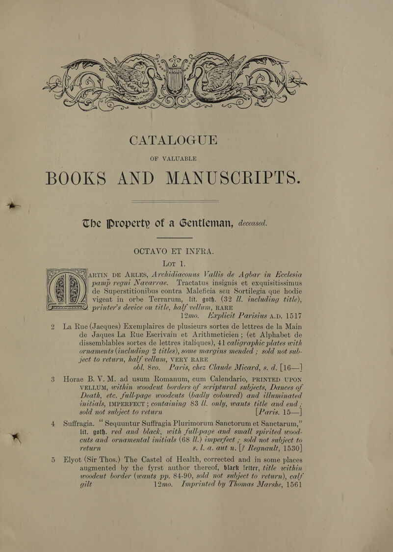 AS  OF VALUABLE BOOKS AND MANUSCRIPTS.   The Property of a Gentleman, deceased. OCTAVO ET INFRA. ats b RS anti DE ARLES, Archidiaconus Vallis de Agbar in Keclesia | pamp regni Navarrae. Tractatus insignis et exquisitissimus } de Superstitionibus contra Maleficia seu Sortilegia que hodie G//Z3 vigeat in orbe Terrarum, lit. goth. (32 Ul. including title), ==9) printers device on title, half vellum, RARE 12mo. Haplicit Parisius A.D. 1517 2 La Rue (Jacques) Exemplaires de plusieurs sortes de lettres de la Main de Jaques La Rue Escrivain et Arithmeticien; (et Alphabet de dissemblables sortes de lettres italiques), 41 caligraphic plates with ornaments (including 2 titles), some margins mended ; sold not sub- ject to return, half vellum, VERY RARE obl. 8vo. Paris, chez Claude Micard, s. d. [16—] Horae B. V. M. ad usum Romanum, cum Calendario, PRINTED UPON VELLUM, within woodcut borders of scriptural subjects, Dances of Death, etc. full-page woodcuts (badly coloured) and illuminated initials, IMPERFECT ; containing 83 ll. only, wants title and end ; sold not subject to return [ Paris. 15—]    oo 4 Suffragia. “ Sequuntur Suffragia Plurimorum Sanctorum et Sanctarum,” lit. goth. red and black, with full-page and small spirited wood- cuts and ornamental initials (68 Ul.) imperfect ; sold not subject to return s. 1. a. aut n. [? Regnault, 1530] 5 Elyot (Sir Thos.) The Castel of Health, corrected and in some places augmented by the fyrst author thereof, blark Yetter, ¢étle within woodcut border (wants pp. 84-90, sold not subject to return), calf gilt 12mo. Imprinted by Thomas Marshe, 1561