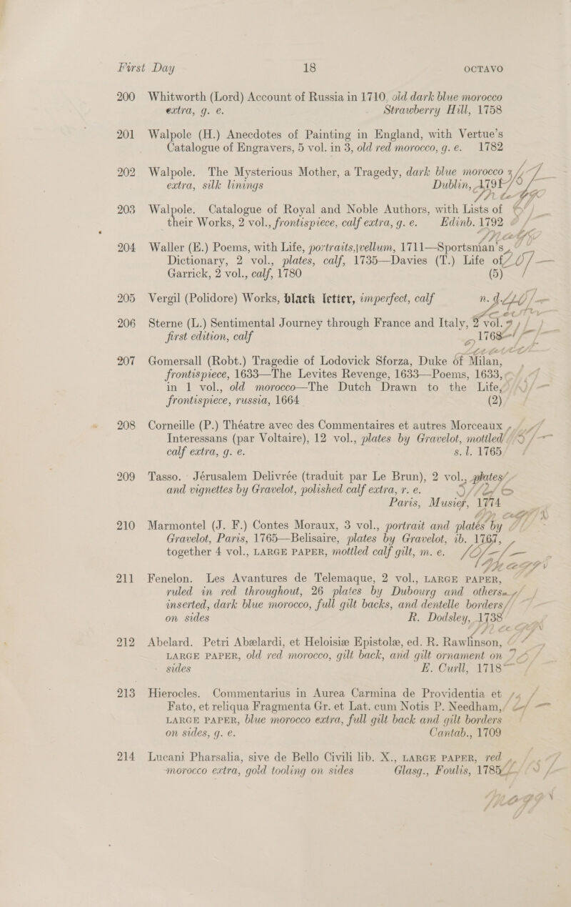 “ 200 Whitworth (Lord) Account of Russia in 1710, oid dark blue morocco extra, g. €. Strawberry Hill, 1758 201 Walpole (H.) Anecdotes of Painting in England, with Vertue’s Catalogue of Engravers, 5 vol. in 3, old red morocco, g.e. 1782 extra, silk linings Dublin, , Dp 9 their Works, 2 vol., frontispiece, calf extra, g.e. Edinb. pe A Pi 204 Waller (E.) Poems, with Life, portracts,|vellum, 1711—Sportsnfan’s s 4 Garrick, 2 vol., calf, 1780 (5) 206 Sterne (L.) Sentimental Journey through France and Italy, 2 AG 9 207 Gomersall (Robt.) Tragedie of Lodovick Sforza, Duke df Silan, frontisprece, 1633—The Levites Revenge, 1633—Poems, 1633, in 1 vol., old morocco—The Dutch Drawn to the Life/ frontispiece, russia, 1664 (2) 208 Corneille (P.) Théatre avec des Commentaires et autres Morceaux , calf extra, q. é. s. 1. 1765 209 Tasso. Jérusalem Delivrée (traduit par Le Brun), 2 ee 2 DS and vignettes by Gravelot, polished calf extra, r. e. &amp;&gt; Paris, M usiet, Wy 714 210 Marmontel (J. F.) Contes Moraux, 3 vol., portrait and oie (au Gravelot, Paris, 17 65—Belisaire, plates by Gravelot, 2 Cy together 4 vol., LARGE PAPER, mottled calf gilt, m. e. (Ye — thy eF 211 Fenelon. Les Avantures de Telemaque, 2 vol., LARGE PAPER, ruled in red throughout, 26 plaies by Dubourg and other se inserted, dark blue morocco, full gilt backs, and dentelle bor ders/ on sides KR, Dodsley, 1738 212 Abelard. Petri Abelardi, et Heloisie Epistole, ed. R. Raidacce. LARGE PAPER, old red morocco, gilt back, and gilt ornament on  LARGE PAPER, blue morocco extra, full gilt back and gilt borders on sides, g. e. Cantab., 1709 Glasg., Foulis, 1785&lt;/ morocco extra, gold tooling on sides (ke ad