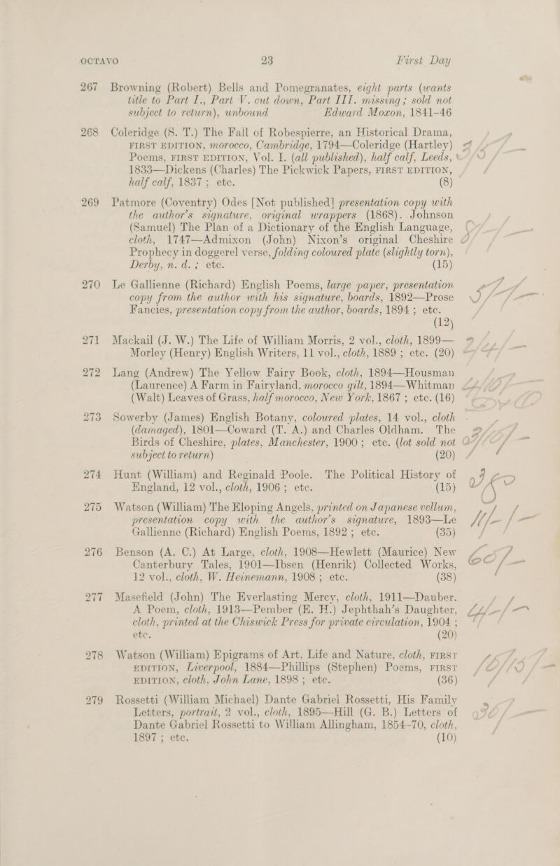 267 268 270 271 272 274 275 276 277 Browning (Robert) Bells and Pomegranates, eight parts (wants title to Part I., Part V. cut down, Part IIT. massing ; sold not subject to return), unbound Edward Moxon, 1841-46 Coleridge (8. T.) The Fall of Robespierre, an Historical Drama, FIRST EDITION, morocco, Cambridge, 1794—Coleridge (Hartley) 1833—Dickens (Charles) The Pickwick Papers, FIRST EDITION, half calf, 1837 ; etc. (8) Patmore (Coventry) Odes [Not published! presentation copy with the author’s signature, original wrappers (1868)..Johnson (Samuel) The Plan of a Dictionary of the English Language, cloth, 1747—Admixon (John) Nixon’s original Cheshire Prophec y in doggerel verse, folding coloured plate (slightly torn), Derby, n. d.; etc. (15) Le Gallienne (Richard) English Poems, large paper, presentation copy from the author with his signature, boards, 1892—Prose Fancies, presentation copy from the author, boards, 1894 ; etc. (12) Mackail (J. W.) The Life of William Morris, 2 vol., cloth, 1899— Lang (Andrew) The Yellow Fairy Book, cloth, 1894—Housman (Laurence) A Farm in Fairyland, morocco gilt, 1894—Whitman (Walt) Leaves of Grass, half morocco, New York, 1867 ; etc. (16) Sowerby (James) English Botany, coloured plates, 14 vol., cloth (damaged), 1801—Coward (T. A.) and Charles Oldham. The Birds of Cheshire, plates, Manchester, 1900; etc. (lot sold not O- subject to return) : (20) Hunt (William) and Reginald Poole. The Political History of England, 12 vol., cloth, 1906; etc. ene Watson (William) The Eloping Angels, printed on Japanese vellum, presentation copy with the author's signature, 1893—Le Gallienne (Richard) English Poems, 1892; etc. (35) Benson (A. C.) At Large, cloth, 1908—Hewlett (Maurice) New Canterbury Tales, 1901—Ibsen (Henrik) Collected Works, 12 vol., cloth, W. Heinemann, 1908; etc. (38) Masefield (John) The Everlasting Mercy, cloth, 1911—Dauber. A Poem, cloth, 1913—Pember (KE. H.) Jephthah’s Daughter, cloth, printed at the Chiswick Press for prwate circulation, 1904 ; etc. (20) Watson (William) Epigrams of Art, Life and Nature, cloth, rrrst EDITION, cloth. John Lane, 1898 ; ete. (36) Rossetti (William Michael) Dante Gabriel Rossetti, His Family Letters, portrait, 2 vol., cloth, 1895—Hill (G. B.) Letters of Dante Gabriel Rossetti to William Allingham, 1854-70, cloth, 1897 ; ete. (10) &gt; f /f/ — / on 4 4 Fi ff
