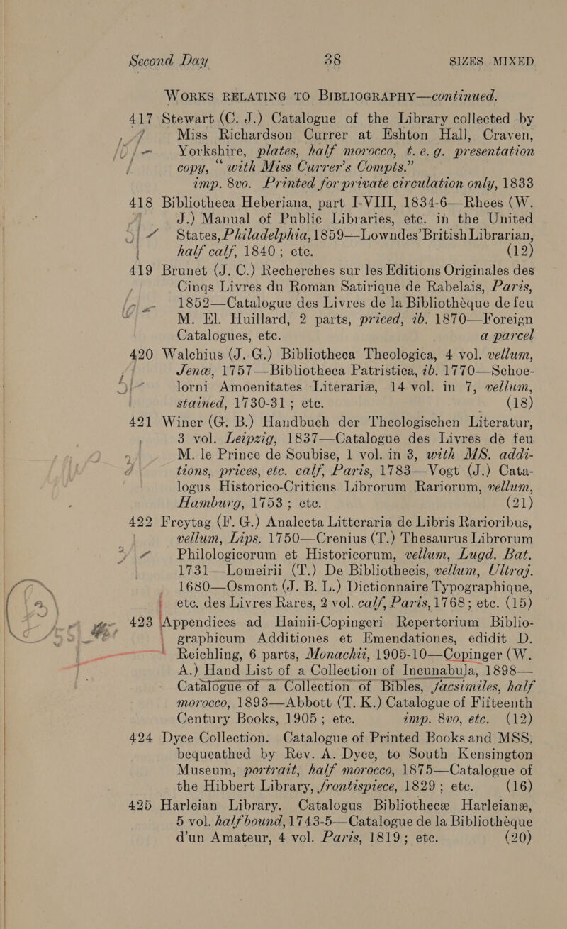  WORKS RELATING TO BIBLIOGRAPHY—continued. 417 Stewart (C. J.) Catalogue of the Library collected by } Miss Richardson Currer at Eshton Hall, Craven, copy, ‘with Miss Currer’s Compts.” imp. 8vo. Printed for private circulation only, 1833 418 Bibliotheca Heberiana, part I-VIII, 1834-6—Rhees (W. J.) Manual of Public Libraries, etc. in the United 419 Brunet (J. C.) Recherches sur les Editions Originales des Cings Livres du Roman Satirique de Rabelais, Pars, 1852—Catalogue des Livres de la Bibliothéque de feu M. El. Huillard, 2 parts, przced, 76. 1870—Foreign Catalogues, ete. a parcel 420 Walchius (J..G.) Bibliotheca Theologica, 4 vol. vellum, Jenw, 1757—Bibliotheca Patristica, 7b. 1770—Schoe- lorni einer arora 14 vol. in 7, vellum, stained, 1730-31 ; (18) 491 Winer (G. B.) abel der Theologischen Literatur, 3 vol. Letpzig, 1837—Catalogue des Liyres de fai M. le Prince de Soubise, 1 vol. in 3, with MS. adadt- tions, prices, etc. calf, Paras 17 83 Vort (J.) Cata- logus Historico-Criticus Librorum Rariorum, vellum, Hamburg, 1753 ; ete. (21) 422 Freytag (F. G.) Weslo Litteraria de Libris Rarioribus, vellum, Lips. 1750—Crenius (T.) Thesaurus Labrerin ra Bitolosiceren et Historicorum, vellum, Lugd. Bat. 1731—Lomeirii (T.) De Bibliothecis, vellum, Ultraj. - 1680—Osmont (J. B. L.) Dictionnaire Leas etc, des Livres Rares, 2 vol. calf, Paris, 1768 ; etc. (15)  graphicum Additiones et Hmendationes, edidit D. Reichling, 6 parts, Monachii, 1905-10—Copinger (W. A.) Hand List of a Bea of Incunabula, 1898— Catalogue of a Collection of Bibles, facsimiles, half morocco, 1893—Abbott (T. K.) Canin ane of Fifteenth (eng. Books, 1905 ; ete. imp. 8vo, etc. (12) 424 Dyce Collection. Catalogue of Printed Books and MSS, bequeathed by Rev. A. Dyce, to South Kensington Museum, portrait, half morocco, 1875—Catalogue of the Hibbert Library, frontispiece, 1829; ete. (16) 5 vol. halfbound, 1743-5—Catalogue de la Bibliothéque dun Amateur, 4 vol. Paris, 1819; ete. (20)