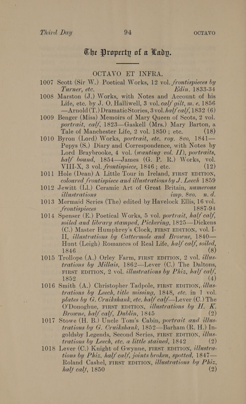 1007 1008 1009 1010 1011 1012 1013 1014 1015 1016 1017 1018 Che Property of a Lady. OCTAVO ET INFRA. Scott (Sir W.) Poetical Works, 12 vol. /rontispieces by Turner, ete. Edin. 1833-34 Marston (J.) Works, with Notes and Account of his Life, etc. by J. O. Halliwell, 3 vol. calf gilt, m. e. 1856 —Arnold(T.) DramaticStories, 3 vol. halfcalf, 1832 (6) Benger (Miss) Memoirs of Mary Queen of Scots, 2 vol. portrait, calf, 1823—Gaskell (Mrs.) Mary Barton, a Tale of Manchester Life, 2 vol. 1850; ete. (18) Byron (Lord) Works, portrait, etc. roy. 8vo, 1841— Pepys (S.) Diary and Correspondence, with Notes by Lord Braybrooke, 4 vol. (wanting vol. IT), portratts, half bound, 1854—James (G. P. R.) Works, vol. VIII-X, 3 vol. frontispiece, 1846 ; ete. (12) Hole (Dean) A Little Tour in Ireland, FIRST EDITION, coloured frontispiece and illustrations by J. Leech 1859 Jewitt (Ll.) Ceramic Art of Great Britain, nwmerous illustrations imp. 8vo. n.d. Mermaid Series (The) edited by Havelock Ellis, 16 vol. Srontispieces 1887-94 Spenser (.) Poetical Works, 5 vol. portrait, half calf, soiled and library stamped, Pickering, 1825—Dickens (C.) Master Humphrey’s Clock, FIRST EDITION, vol. I- II, zllustrations by Cattermole and Browne, 1840— Hunt (Leigh) Romances of Real Life, half calf, soiled, 1846 (8) Trollope (A.) Orley Farm, FIRST EDITION, 2 vol. zdlus- trations by Millais, 1862—Lever (C.) The Daltons, FIRST EDITION, 2 vol. illustrations by Phiz, half caly, 1852 (4) Smith (A.) Christopher Tadpole, FIRST EDITION, 2//us- trations by Leech, title missing, 1848, etc. in 1 vol. plates hy G. Cruikshank, etc. half calf—Lever (C.) The O’Donoghue, FIRST EDITION, 7llustrations by H. K. Browne, half calf, Dublin, 1845 (2) Stowe (H. B.) Uncle Tom’s Cabin, portrait and illus- trations by G. Cruikshank, 1852—Barham (R. H.) In- goldsby Legends, Second Series, FIRST EDITION, 2//us- trations by Leech, etc. a little stained, 1842 (2) Lever (C.) Knight of Gwynne, FIRST EDITION, i/lustra- tions by Phiz, half calf, joints broken, spotted, 1847— Roland Cashel, FIRST EDITION, @/lustrations by Phiz,