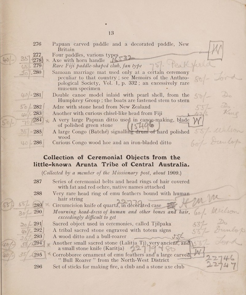 276 Papuan carved paddle and a decorated paddle, New r ¥ ry Britain ; &lt;2. Four paddles, various types = 979, Rare Fiji paddle-shaped club, fan type peculiar to that country ; see Memoirs of the Anthro- pological Society, Vol. 1, p. 332; an excessively rare | | museum specimen . »f= 281 | Double canoe model inlaid with pearl shell, from the Humphrey Group ; the boats are fastened stem to stern ,/283' — Another with curious chisel-like head from Fiji iy 284) A very large Papuan ditto used in fae} making, blade W] a of polished green stone et 285, A large Congo (Batché) signalh con ofhard ae | wood .286 Curious Congo wood hoe and an iron-bladed ditto Collection of Ceremonial Objects from the little-known Arunta Tribe of Central Australia. (Collected by a member of the Missionary post, about 1909.) 287 Series of ceremonial belts and head rings of hair covered with fat and red ochre, native names attached 288 Very rare head ring of emu feathers bound with human Pos hair string omens 289, ~ Circumcision knife of ate in ch Ated ca case. es 2 Jt. 290 Mourning head-dress of human and other bones and ae eS exceedingly difficult to get &gt;of 291 Sacred object used in ceremonies, called Tyilpaka 292! A tribal sacred stone engraved with totem signs 293, A wood ditto and a bull-roarer Sid Lene vulm a small stone knife (Karitja) #)2 114 MS ; 295 | ™ Corrobboree ornament of emu feathers anda va carved\: sie “4 ae “ Bull Roarer ”’ from the North-West District “3 296 Set of sticks for making fire, a club and a stone axe club &lt;&lt; eis