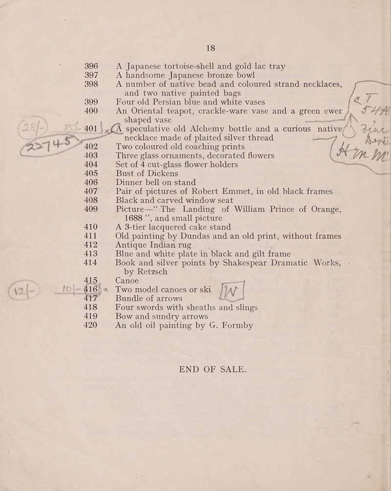 396 397 398 god 400 18 A Japanese tortoise-shell and gold lac tray A handsome Japanese bronze bowl A number of native bead and coloured strand necklaces, and two native painted bags Four old Persian blue and white vases shaped vase ee” 403 404 405 406 407 408 409 410 Ai] 412 413 414 415. at 418 419 420 Two coloured old coaching prints Three glass ornaments, decorated flowers Set of 4 cut-glass flower holders Bust of Dickens Dinner bell on stand Pair of pictures of Robert Emmet, in old black frames Black and carved window seat Picture—‘ The Landing of William Prince of Orange, 1688 *’, and small picture A 3-tier lacquered cake stand Old painting by Dundas and an old print, without frames Antique Indian rug Blue and white plate in black and gilt frame Book and silver points by Shakespear Dramatic Works, by Retzsch  Canoe —T Two model canoes or ski | IN Bundle of arrows ar” Four swords with sheaths and slings Bow and sundry arrows An old oil painting by G. Formby END -ORSSAEE. os . 4 Lm ‘J oF Z AL a? AS Sta MAE