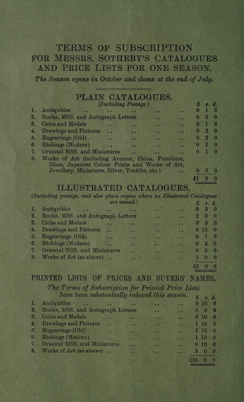 TERMS OF SUBSCRIPTION _ FOR MESSRS. SOTHEBY'S. CATALOGUES AND PRICE LISTS FOR ONE SHASON.. The Season Opens in October and closes at the end of July. PLAIN CATALOGUES. mH bod DOH Oe Se So. oe:  (I ncludeng hago! vs I. ‘Antinuttles ie QO 2. Books, MSS. and Autograph Letters 0 3. Coinsand Medals ep eee 4, Drawings and Pictures 0 5. Engravings (Old) — 0. 6. Etchings (Modern) ane | 0 47. Oriental MSS. and Misia : , QO 8. Works of Art (including Armour, China, rere | : Glass, Japanese Colour Prints and Works of Art, | J ewellery, Miniatures, ee Textiles, etc.) ce Doe 8 £1 0 0  ILLUSTRATED CATALOGUES, (J noluding postage, and also plain copies where no I llustrated Catalogues > are issued.) : Antiquities .. ree Books, MSS. and Antograph Z Lotte. Coins and Medais ; oe Drawings and Pictures Engravings (Old) Etchings (Modern) Oriental MSS. and Miniatures Works of Art (as above) .. OI Oe OO be RrPOoSOSC ONO a : CANINA Ae DOnRMooOnD0  t Qu © “eas,  PRINTED LISTS OF PRICES AND BUYERS’ NAMES. = The Terms of Subscription for Printed Price Lists have been substantially reduced this SEASON. ¢ 4 Coc Dp oo oo  1. Antiquities .. ee Sate eB 2 | 2. Books, MSS. and Autograph Letters 3 DESO 3. Coins and Medals — ee 010 4. Drawings and Pictures Kee bib 5. Engravings (Old) — ses ot 6. Etchings (Modern) — 1 15. 7. Oriental MSS. and Miniatures 0 10 8. Works of Art (as above) .. 3 0.