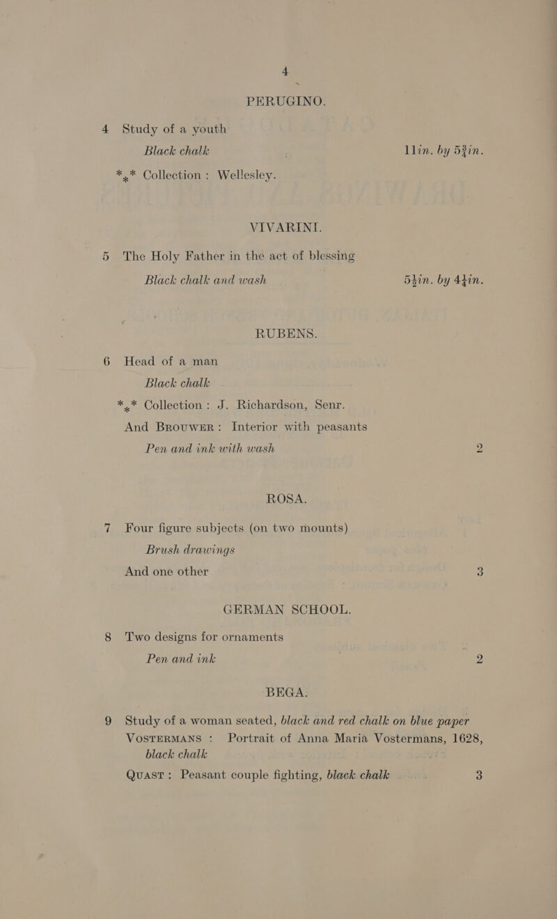 ~ PERUGINO. 4 Study of a youth Black chalk ‘ llin. hy 53in. *.* Collection : Wellesley. VIVARINI. 5 The Holy Father in the act of blessing Black chalk and wash 5din. by 44in. RUBENS. 6 Head of a man Black chalk * -* Collection : J. Richardson, Senr. And Brouwer: Interior with peasants Pen and ink with wash 2 ROSA. 7 Four figure subjects (on two mounts) Brush drawings And one other 3 GERMAN SCHOOL. 8 Two designs for ornaments Pen and ink | | 2 BEGA. 9 Study of a woman seated, black and red chalk on blue paper VOSTERMANS : Portrait of Anna Maria Vostermans, 1628, black chalk Quast: Peasant couple fighting, black chalk .— . 3