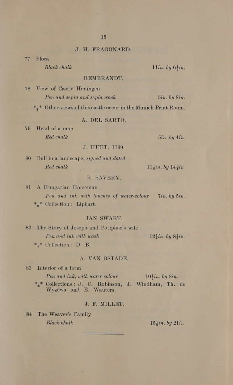 J. H. FRAGONARD. 77 Flora Black chalk Llin. by 640n. REMBRANDT. 78 View of Castle Honingen Pen and sepia and sepia wash Bin. by Sin. *..* Other views of this castle occur in the Munich Print Room. A. DEL SARTO. 79 Head of a man Red chalk 5in. by 4in. J. HUET, 1769. 80 Bull in a landscape, signed and dated Red chalk L14in. by 14320. R. SAVERY. 81 A Hungarian Horseman Pen and ink with touches of water-colour ‘Tin. by 5in. *..* Collection : Liphart. JAN SWART. 82 The Story of Joseph and Potiphar’s wife Pen and ink with wash 12hin. by 84in. eCollections: 2 DoD: A. VAN OSTADE. 83 Interior of a farm Pen and ink, with water-colour 10d¢n. by 820. *.* Collections: J. C. Robinson, J. Windham, Th. de Wyzéwa and HE. Wauters. J. F. MILLET. 84 The Weaver’s Family Black chalk 154in. by 2lin