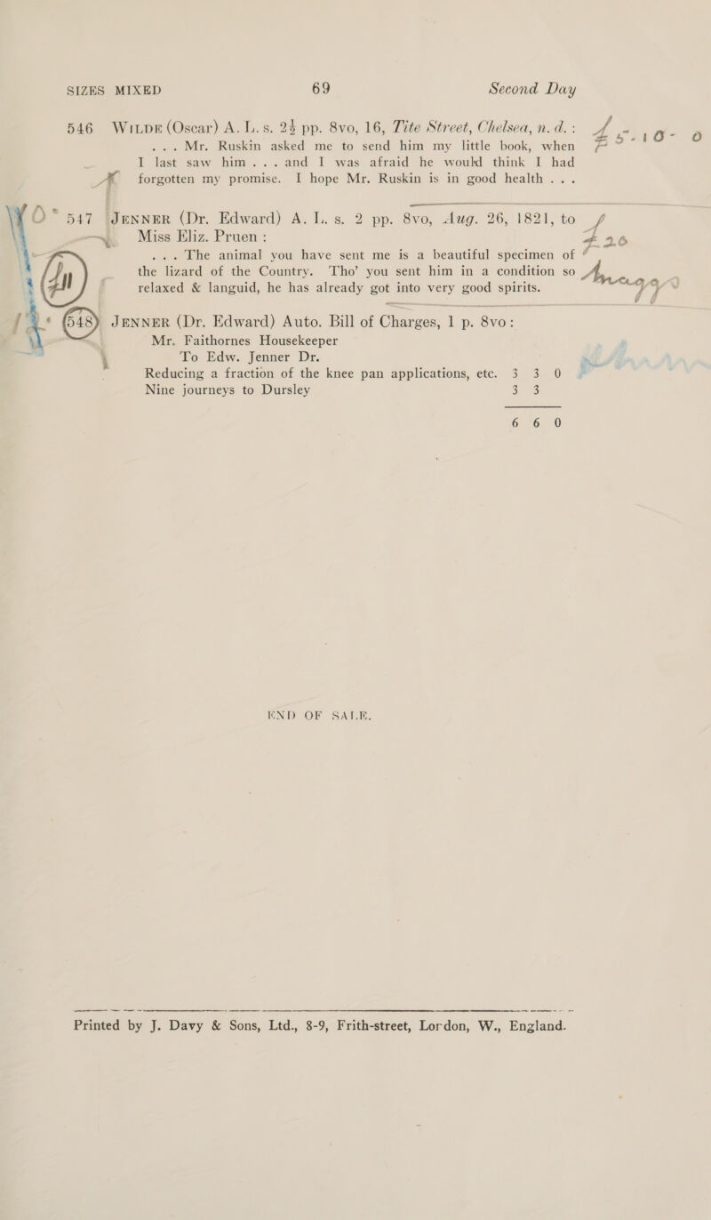 546 Witpr (Oscar) A. L.s. 24 pp. 8vo, 16, Tite Street, Chelsea, n. d. : 4 “:a- B ... Mr. Ruskin asked me to send him my little book, when / a a I last saw him...and I was afraid he would think I had _*© forgotten my promise. I hope Mr. Ruskin is in good health... O° 547 ‘Jenner (Dr. Edward) A. L. s. 2 pp. 8vo, Aug. 26, 1821, to : ~~ Miss Eliz. Pruen : - 26 ... The animal you have sent me is a beautiful specimen of “ the lizard of the Country. Tho’ you sent him in a condition so % relaxed &amp; languid, he has already got into very good spirits. — Y vd ry ¢  Jenner (Dr. Edward) Auto. Bill of Charges, 1 p. 8vo: Mr. Faithornes Housekeeper To Edw. Jenner Dr. ike Reducing a fraction of the knee pan applications, etc. 3 3 0 © Nine journeys to Dursley eae 6 6 © KND OF SARE. a  Printed by J. Davy &amp; Sons, Ltd., 8-9, Frith-street, Lordon, W., England.