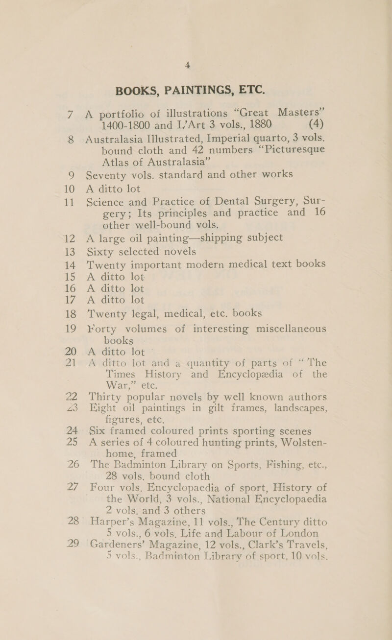 28 29 4 BOOKS, PAINTINGS, ETC. A portfolio of illustrations “Great Masters” 1400-1800 and L/’Art 3 vols., 1880 (4) Australasia Illustrated, Imperial quarto, 3 vols. bound cloth and 42 numbers “Picturesque Atlas of Australasia” Seventy vols. standard and other works A ditto lot Science and Practice of Dental Surgery, Sur- gery; Its principles and practice and 16 other well-bound vols. A large oil painting—shipping subject Sixty selected novels Twenty important modern medical text books A ditto lot A ditto lot A ditto lot Twenty legal, medical, etc. books Forty volumes of interesting miscellaneous books A ditto lot © A ditto lot and a quantity of parts of “ The Times History and Encyclopedia of the War &lt;tc } Thirty popular novels by well known authors Hight oil paintings in gilt frames, landscapes, figures, etc. Six framed coloured prints sporting scenes A series of 4 coloured hunting prints, Wolsten- home, framed The Badminton Library on Sports, Fishing, etc., 28 vols. bound cloth Four vols. Encyclopaedia of sport, History of the World, 3 vols., National Encyclopaedia 2 vols, and 3 others Harper’s Magazine, 11 vols., The Century ditto 5 vols., 6 vols, Life and Labour of London Gardeners’ Magazine, 12 vols., Clark’s Travels,