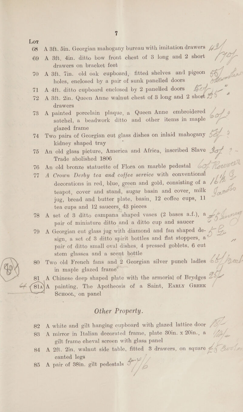 Lot , 68 A 3ft. 5in. Georgian mahogany bureau with imitation drawers Uy / 69 A 8fb. 4in. ditto bow front chest of 8 long and 2 short drawers on bracket feet 70 A 8ft. Tin. old oak cupboard, fitted shelves and pigeon 47, $e holes, enclosed by a pair of sunk panelled doors ate } 71 A 4ft. ditto cupboard enclosed by 2 panelled doors key; 72 A 8ft. 2in. Queen Anne walnut chest of 8 long and 2 short &amp; ° drawers 73 A painted porcelain plaque, a Queen Anne embroidered satchel, a beadwork ditto and other items in maple Mies glazed frame 74 Two pairs of Georgian cut glass dishes on inlaid mahogany / kidney shaped tray . 75 An old glass picture, America and Africa, inscribed Slave $a Trade abolished 1806 f 76 An old bronze statuette of Flora on marble pedestal , 77 A Crown Derby tea and coffee service with conventional th, decorations in red, blue, green and gold, consisting of 3 /6 (7 teapot, cover and stand, sugar basin and cover, milk jug, bread and butter plate, basin, 12 coffee cups, 11 tea cups and 12 saucers, 43 pieces _ 78 A set of 3 ditto campana shaped vases (2 bases a.f.), a»), pair of miniature ditto and a ditto cup and saucer i goad 79 A Georgian cut glass jug with diamond and fan shaped de- ” ag E. sign, a set of 8 ditto spirit bottles and flat stoppers, Velie pair of ditto small oval dishes, 4 pressed goblets, 6 cut stem glasses and a scent bottle rarer i 80 Two old French fans and 2 Georgian silver punch ladles 6 7 in maple glazed frame’ (|  81 A Chinese deep shaped plate with the armorial of Brydges VAI ong ap A painting, The Apotheosis of a Saint, Harty GREEK “ ScHooL, on panel Other Property. 82 A white and gilt hanging cupboard with glazed lattice door , Co 83 A mirror in Italian decorated frame, plate 30in. x 20in., a gilt frame cheval screen with glass panel 94 A 2ft. 2in. walnut side table, fitted 2 drawers, on pau Zs canted legs Sige, 85 <A pair of 38in. gilt pedestals ss