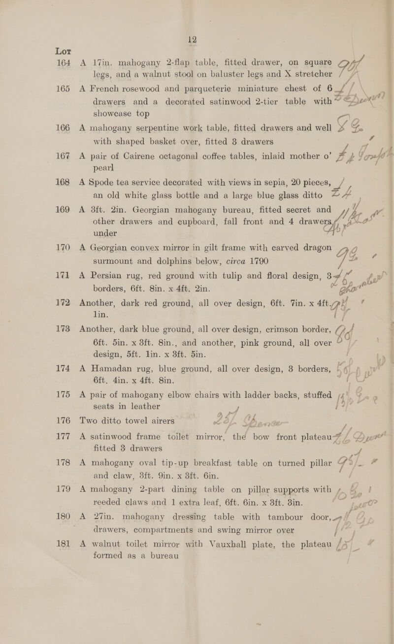 Lot 164 171 172 173 174 175 176 177 178 179 180 181 12 A 17in. mahogany 2-flap table, fitted drawer, on square , Wie legs, and a walnut stool on baluster legs and X stretcher / /\ A French rosewood and parqueterie miniature chest of 6_/ 4 \ drawers and a decorated satinwood 2-tier table with 4 “Qe showcase top C = A mahogany serpentine work table, Biied drawers and well ¥ “ with shaped basket over, fitted 3 drawers y 5 A pair of Cairene octagonal coffee tables, inlaid mother o’ ZL Vornfd® pearl A Spode tea service decorated with views in sepia, 20 pieces, an old white glass bottle and a large blue glass ditto Z A 3ft. 2m. Georgian mahogany bureau, fitted secret and Vs Va other drawers and cupboard, fall Pome and 4 drawers y 1 yo Na under ahd A Georgian convex mirror in gilt frame with carved dragon BG surmount and dolphins below, circa 1790 / a ¢ A Persian rug, red ground with tulip and floral design, 8 df’ fo borders, 6ft. Sin. x-4#, Qin. gho a Another, dark red ground, all over design, 6ft. Tin. x 4ft Gis 4 ai. ( id Another, dark blue ground, all over design, crimson border, GA 6ft. 5in. x 38ft. 8in., and another, pink ground, all over Oo” design, 5ft. lin. x Bf. o1n. A Hamadan rug, blue ground, all over design, 3 borders, A 6ft. 4in. x 4ft. Sin. ae A pair of mahogany elbow chairs with ladder backs, stuffed 4’. ©. . seats in leather SS, | lie Two ditto towel airers | 2 3/ &amp; o07 G8 > A satinwood frame toilet mirror, the bow front plateau / Qype fitted 3 drawers a A mahogany oval tip-up breakfast table on turned pillar G4). and claw, 3ft. Qin. x 3ft. 6in. a A mahogany 2-part dining table on pillar supports with ¢_ &amp;_ reeded claws and 1 extra leaf, 6ft. 6in. x 8ft. 3in. eee A 27in. mahogany dressing table with tambour door, 7 // drawers, compartments and swing mirror over ae A walnut toilet mirror with Vauxhall plate, the plateau / 4 5 formed as a bureau