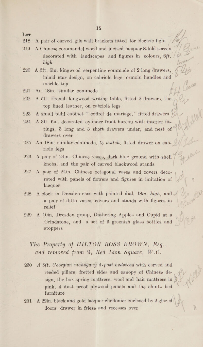 A pair of carved gilt wall brackets fitted for electric ight high A 3ft. 6in. kingwood serpentine commode of 2 long drawers, /; inlaid star design, on cabriole legs, ormolu handles and marble top An 18in. similar commode _ ae A d5ft. French kingwood writing table, fitted 2 drawers, the top lined leather, on cabriole legs A smal] buh] cabinet ‘* coffret de mariage,’’ fitted drawers i tings, 8 long and 38 short drawers under, and nest of ~ drawers over An 18in. similar commode, to match, fitted drawer on cab- riole legs A pair of 24in. Chinese vases, dark blue ground with shell knobs, and the pair of carved blackwood stands A pair of 24in, Chinese octagonal vases and covers deco- | rated with panels of flowers and figures in imitation of lacquer A clock in Dresden case with painted dial, 18in. high, and —/ a pair of ditto vases, covers and stands with figures m relief A 10in, Dresden group, Gathering Apples and Cupid at a Grindstone, and a set of 3 greenish glass bottles and | stoppers The Property of HILTON ROSS BROWN, Esq., and removed from 9, Red Lion Square, W.C. reeded pillars, fretted sides and canopy of Chinese de-. 4 sign, the box spring mattress, wool and hair mattress in x pink, 4 dust proof plywood panels and the chintz bed furniture doors, drawer in frieze and recesses over