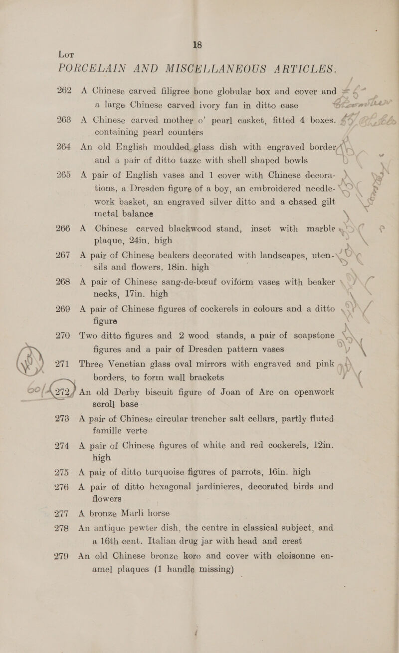  Lor PORCELAIN AND MISCELLANEOUS ARTICLES, a large Chinese carved ivory fan in ditto case containing pearl counters and a pair of ditto tazze with shell shaped bowls work basket, an engraved silver ditto and a chased gilt metal balance 266 A Chinese carved blackwood stand, inset with marble plaque, 24in. high sils and flowers, 18in. high necks, 17in. high figure figures and a pair of Dresden pattern vases ; borders, to form wall brackets 20/Lo72) An old Derby biscuit figure of Joan of Are on openwork scroll base 273 A pair of Chinese circular trencher salt cellars, partly fluted famille verte 274 <A pair of Chinese figures of white and red cockerels, 12in. high 275 <A pair of ditto turquoise figures of parrots, 16in. high 276 A pair of ditto hexagonal jardinieres, decorated birds and flowers 277. A bronze Marli horse 278 An antique pewter dish, the centre in classical subject, and a 16th cent. Italian drug jar with head and crest 279 An old Chinese bronze koro and cover with cloisonne en- ame] plaques (1 handle missing)