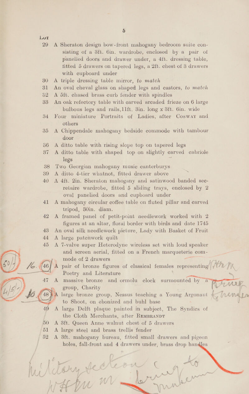 29 A Sheraton design bow-front mahogany bedroom suite con- sisting of a 38ft. 6in. wardrobe, enclosed by a pair of panelled doors and drawer under, a 4ft. dressing table, fitted 5 drawers on tapered legs, a 2ft. chest of 3 drawers with cupboard under : 30 A triple dressing table mirror, to match 381 An oval cheval glass on shaped legs and castors, to match 32 A 5ft. chased brass curb fender with spindles’ 383 An oak refectory table with carved arcaded frieze on 6 large bulbous legs and rails,l1ft. 3in. long x 3ft. 6in. wide 34 Four miniature Portraits of Ladies, after Cosway and others 35 A Chippendale mahogany bedside commode with tambour door 56 A ditto table with rising slope top on tapered legs 87 A ditto table with shaped top on slightly carved cabriole legs 88 ‘Two Georgian mahogany music canterburys 39 A ditto 4-tier whatnot, fitted drawer above 40 &lt;A 4ft. 2in. Sheraton mahogany and satinwood banded sec- retuire wardrobe, fitted 5 sliding trays, enclosed by 2 oval panelied doors and cupboard under 41 A mahogany circular coffee table on fluted pillar and carved tripod, 30in. diam. 42 A framed panel of petit-point needlework worked with 2 figures at an altar, floral border with birds and date 1745 An oval silk needlework picture, Lady with Basket of Fruit A large patchwork quilt A 7-valve super Heterodyne wireless set with loud speaker and screen aerial, fitted on a French peru com - mode of 2 drawers Pe A pair of bronze figures of classical females representing’ Pac: Poetry and Literature eee A massive bronze and ormolu clock surmounted bya group, Charity j yA large bronze group, Nessus teaching a Young Argonaut + i nA YALL pw &lt;&gt; ~—s to Shoot, on ebonized and buhl base om 49 A large Delft plaque painted in subject, The Syndies of the Cloth Merchants, after RmmBranpT 50 &lt;A 8ft. Queen Anne walnut chest of 5 drawers 51 A large steel and brass trellis fender 52 A 3ft. mahogany bureau, fitted small drawers and pigeon holes, fall-front and 4 drawers under, brass drop handles    