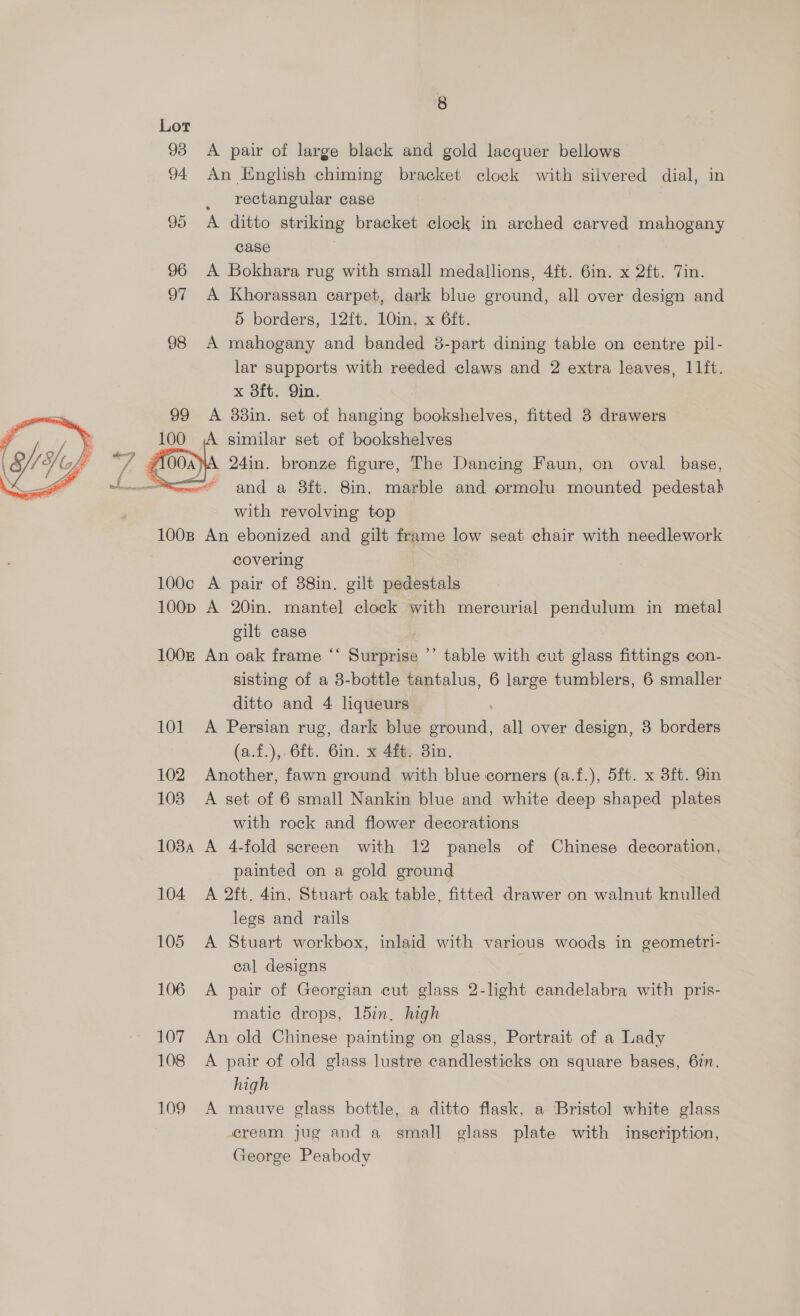   93 <A pair of large black and gold lacquer bellows _ rectangular case 96 A Bokhara rug with small medallions, 4ft. 6in. x 2ft. Tin. 97 A Khorassan carpet, dark blue ground, all over design and 5 borders, 12ft.. 10in, x 6ft. 98 A mahogany and banded 38-part dining table on centre pil- lar supports with reeded claws and 2 extra leaves, 11ft. 99 A 388in. set of hanging bookshelves, fitted 8 drawers NA 24in. bronze figure, The Dancing Faun, on oval base, = and a 8ft. 8in. marble and ormolu mounted pedestab with revolving top 100B An ebonized and gilt frame low seat chair with needlework covering 100c A pair of 88in. gilt pedestals 100p A 20in. mantel clock with mercurial pendulum in metal gilt case 100z An oak frame ‘‘ Surprise ’’ table with cut glass fittings con- sisting of a 3-bottle tantalus, 6 large tumblers, 6 smaller ditto and 4 liqueurs 101 A Persian rug, dark blue ground, all over design, 3 borders (a.f.),. 6ft. 6in. x 4f¢. 3in. 102. Another, fawn ground with blue corners (a.f.), 5ft. x 3ft. 9in 103. A set of 6 small Nankin blue and white deep shaped plates with rock and flower decorations 1084 A 4-fold screen with 12 panels of Chinese decoration, painted on a gold ground 104 A 2ft. 4in. Stuart oak table, fitted drawer on walnut knulled legs and rails 105 A Stuart workbox, inlaid with various woods in geometri- cal designs 106 A pair of Georgian cut glass 2-light candelabra with pris- matie drops, 15in, high 107 An old Chinese painting on glass, Portrait of a Lady 108 A pair of old glass lustre candlesticks on square bases, 6in. high 109 A mauve glass bottle, a ditto flask, a Bristol white glass eream jug and a small glass plate with inscription, George Peabody