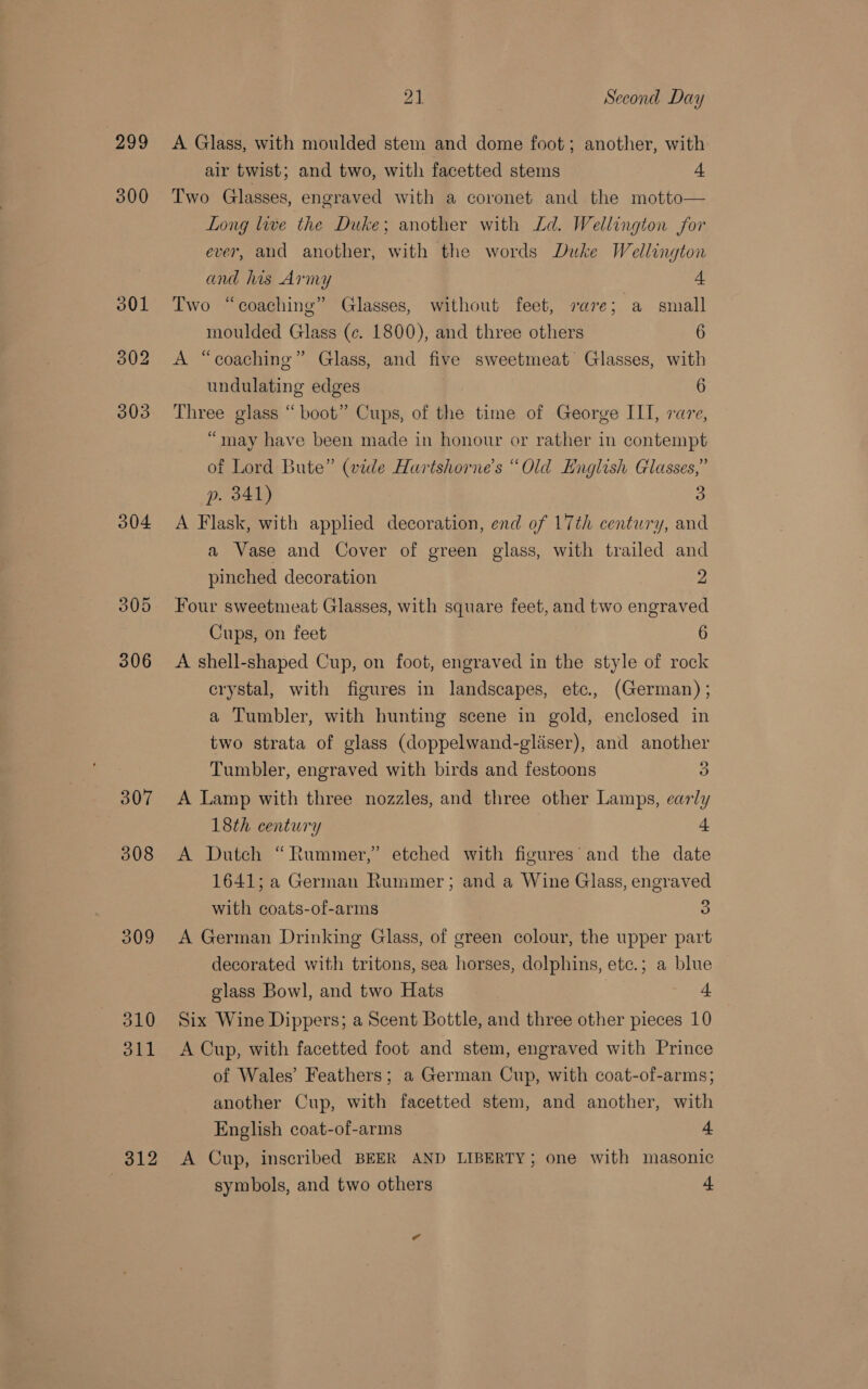 299 300 304 307 308 309 21 Second Day A Glass, with moulded stem and dome foot; another, with air twist; and two, with facetted stems 4 Two Glasses, engraved with a coronet and the motto— Long live the Duke; another with Ld. Wellington for ever, and another, with the words Duke Wellington and his Army { Two “coaching” Glasses, without feet, rare; a small moulded Glass (c. 1800), and three others 6 A “coaching” Glass, and five sweetmeat Glasses, with undulating edges 6 Three glass “boot” Cups, of the time of George III, rare, “may have been made in honour or rather in contempt of Lord Bute” (vide Hartshorne’s “Old English Glasses,” p. 341) 3 A Flask, with applied decoration, end of 17th century, and a Vase and Cover of green glass, with trailed and pinched decoration 2 Four sweetmeat Glasses, with square feet, and two engraved Cups, on feet 6 A shell-shaped Cup, on foot, engraved in the style of rock crystal, with figures in landscapes, ete. (German) ; a Tumbler, with hunting scene in gold, enclosed in two strata of glass (doppelwand-gliser), and another Tumbler, engraved with birds and festoons 3 A Lamp with three nozzles, and three other Lamps, early 18th century a A Dutch “Rummer,” etched with figures’ and the date 1641; a German Rummer; and a Wine Glass, engraved with coats-of-arms 3 A German Drinking Glass, of green colour, the upper part decorated with tritons, sea horses, dolphins, etc.; a blue glass Bowl, and two Hats 4 Six Wine Dippers; a Scent Bottle, and three other pieces 10 A Cup, with facetted foot and stem, engraved with Prince of Wales’ Feathers; a German Cup, with coat-of-arms; another Cup, with facetted stem, and another, with English coat-of-arms 4 A Cup, inscribed BEER AND LIBERTY; one with masonic