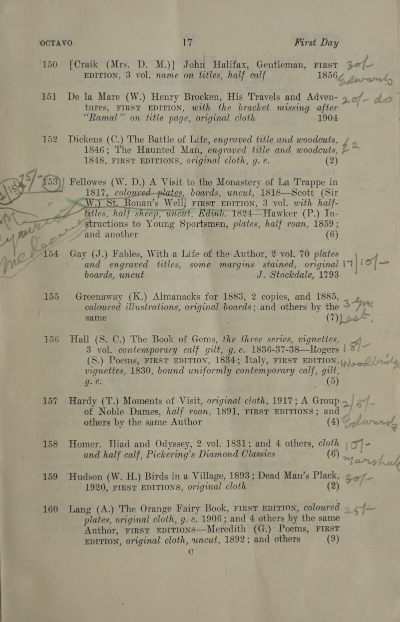 150 [Craik (Mrs. D. M.)] John Halifax, Gentleman, First “Ramal” on title page, original. cloth 1904 152 Dickens (C.) The Battle of Life, engraved title and woodcuts, 1846; The Haunted Man, engraved title and woodcuts, 1848, FIRST EDITIONS, original cloth, g. e. (2) Fellowes (W. D.) A Visit to the Monastery of La Trappe in rh maine coloured—plates, boards, uncut, 1818—Scott (Sir  Be SE Ronan’s Well} First EDITION, 3 vol. with half- 4 Dies, half sheep, uncut, Edinv: 1824—Hawker (Pye le ey ~ __* structions to Young Sportsmen, plates, half roan, 1859 ; . ” ._ _ “and another (6) i! : I, ina Gay (J.) Fables, With a Life of the Author, 2 vol. 70 plates V7 ‘and engraved. titles, some margins stained, original boards, uncut | J. Stockdale, 1793 155 Greenaway (K.) Almanacks for 1883, 2 copies, and 1885, 2 Ly, / 156 Hall (S. C.) The Book of Gems, the three series, vignettes, 3 vol. contemporary calf gilt, g.e. 1836-37- 38—-Rogers vignettes, 1830, bound uniformly contemporary calf, gilt, J. &amp;. (5) 157 Hardy (T.) Moments of Visit, original cloth, 1917; A pe ie of Noble Dames, half roan, 1891, FIRST EDITIONS ; and | others by the same Author (4) Y and half ¢ calf, Pickering’s Diamond Classics (6) 159 Hudson (W. H.) Birds in a Village, 1893; Dead Man’s Plack, 1920, FIRST EDITIONS, original cloth (2 7% plates, original cloth, g. e. 1906; and 4 others by the same Author, FIRST EDITIONS—Meredith (G.) Poems, FIRST EDITION, original cloth, wncut, 1892; and others (9) C i | 3,