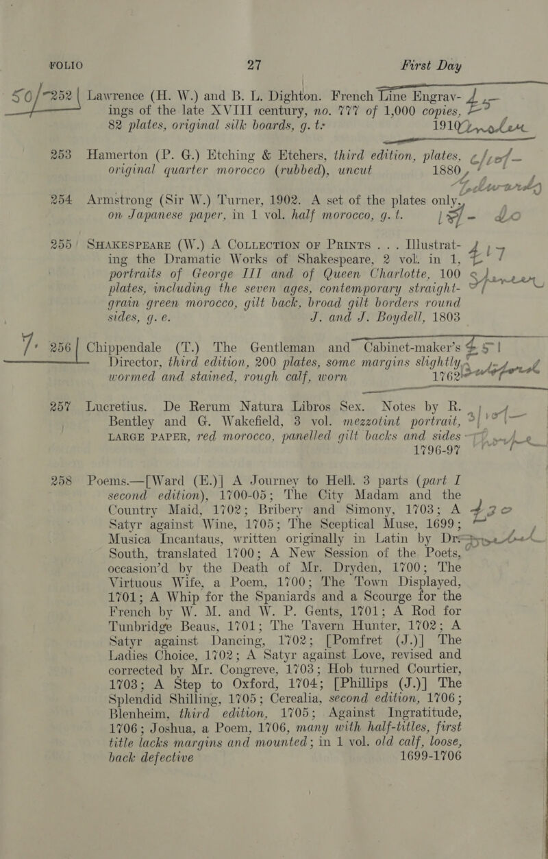 , / 50/782 | Lawrence (H. W.) and B. L. Dighton. lt ae ea ings of the late XVIII century, no. 777 of 1,000 copies, 82 plates, original silk boards, g. t- 19102 robe gs ee ee 253 Hamerton (P. G.) Etching &amp; Etchers, third edition, plates, C lief ~ original quarter morocco (rubbed), uncut eo , /eot Ar nists) 204 Armstrong (Sir W.) Turner, 1902. A set of the plates ie ) on Japanese paper, in 1 vol. half morocco, g. t. a wm LO 255! SHAKESPEARE (W.) A CoLLECTION OF Prints .. . Illustrat- ing the Dramatic Works of Shakespeare, 2 vol. in 1, 4 q portraits of George III and of Queen Charlotte, 100 ¢, plates, including the seven ages, contemporary straight- © { grain green morocco, gilt back, broad gilt borders round sides, g. @. J. and J. Boydell, 1803 ’ Spero ETA te oh ta) 7, 256 Chippendale (T.) The Gentleman and Cabinet-maker’s &amp; 5”! Director, third edition, 200 plates, some margins slightly,~ wormed and stained, rough calf, worn 1762 wheporde —— iaailiiieieieettiiee e meme 257 Lucretius. De Rerum Natura Libros Sex. Notes ab Re ie Bentley and G. Wakefield, 3 vol. mezzotint portrait, °|'° \~ LARGE PAPER, red morocco, panelled gilt backs and sides - oe fe 1796-97 FP 258 Poems.—[Ward (E.)| A Journey to Hell. 3 parts (part I second edition), 1700-05; The City Madam and the Country Maid, 1702; Bribery and Simony, 1703; A 4 Ze Satyr against Wine, 1105: The Sceptical Muse, 1699; Sask Musica Incantaus, written originally in Latin by Dr. Pye et South, translated 1700; A New Session of the Poets, ~ oceasion’d by the Death of Mr. Dryden, 1700; The Virtuous Wife, a Poem, 1700; The Town Displayed, 1701; A Whip for the Spaniards and a Scourge for the French by W. M. and W. P. Gents, 1701; A Rod for Tunbridge Beaus, 1701; The Tavern Hunter, 1702; A Satyr against Dancing, 1702;, [Bomfret (J.)] The : Ladies Choice, 1702 ; A Satyr against Love, revised and | corrected by Mr. Congreve, 1703; Hob turned Courtier, lisgux step. to Oxford, 1704; [Phillips (J.)] The : Splendid Shilling, 1705; Gerealia, second edition, 1706; Blenheim, third edition, 1705; Against Ingratitude, 1706; Joshua, a Poem, 1706, many with half-titles, first title lacks margins and mounted; in 1 vol. old calf, loose, back defective 1699-1706