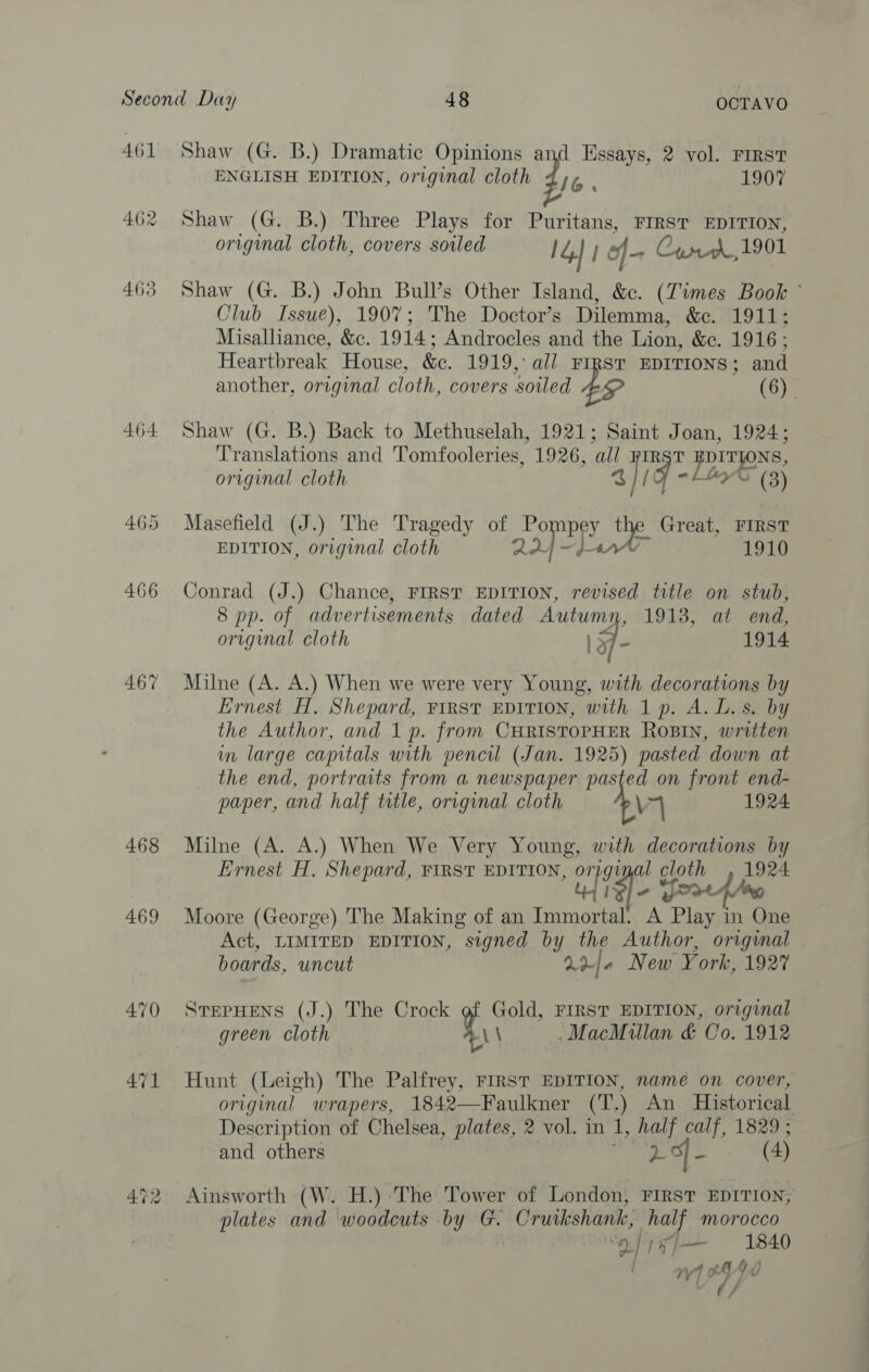 462 463 464 465 466 467 468 Shaw (G. B.) Dramatic Opinions and Essays, 2 vol. FIRST ENGLISH EDITION, original cloth 4) ade 1907 Shaw (G. B.) Three Plays for Puritans, FIRST EDITION, original cloth, covers soiled 14) | of Oped 1901 Shaw (G. B.) John Bull’s Other Island, &amp;c. (Times Book ° Club Issue), 1907; The Doctor’s Dilemma, &amp;c. 1911; Misalliance, &amp;c. 1914; Androcles and the Lion, &amp;e. 1916; Heartbreak House, &amp;e. 1919, all FIRST EDITIONS ; and another, original cloth, covers soiled (6) Shaw (G. B.) Back to Methuselah, 1921; Saint Joan, 1924; Translations and Tomfooleries, 1926, ‘all EDITIONS, original cloth 31 g- Sa es) Masefield (J.) The Tragedy of ay pey the Great, FIRST EDITION, original cloth pnw 1910 Conrad (J.) Chance, FIRST EDITION, revised title on stub, 8 pp. of advertisements dated Autumi 1913, at end, original cloth 17- 1914 Milne (A. A.) When we were very Young, with decorations by Ernest. H. Shepard, FIRST EDITION, with 1p. A. L.s. by the Author, and 1 p. from CHRISTOPHER Rosin, written in large capitals with pencil (Jan. 1925) pasted down at the end, portraits from a newspaper pasted on front end- paper, and half title, original cloth Van 1924 Milne (A. A.) When We Very Young, with decorations by Ernest H, Shepard, FIRST EDITION, aig Good cloth pe Moore (George) The Making of an Immortal. A age in me: Act, LIMITED EDITION, signed by the Author, original boards, uncut 10] + New York, 192% STEPHENS (J.) The Crock of Gold, FIRST EDITION, original green cloth \\ MacMillan &amp; Co. 1912 Hunt (Leigh) The Palfrey, FIRST ON, name on cover, original wrapers, (T.) An Historical Description of Chelsea, plates, 2 vol. in I, half calf, 1829 ; and others 2-9 - (4)  Ainsworth (W. H.):The Tower of London, FIRST EDITION, plates and woodcuts by G. Cruikshank, bee Morocco , “a 1xj— 1840 17 ad Gd