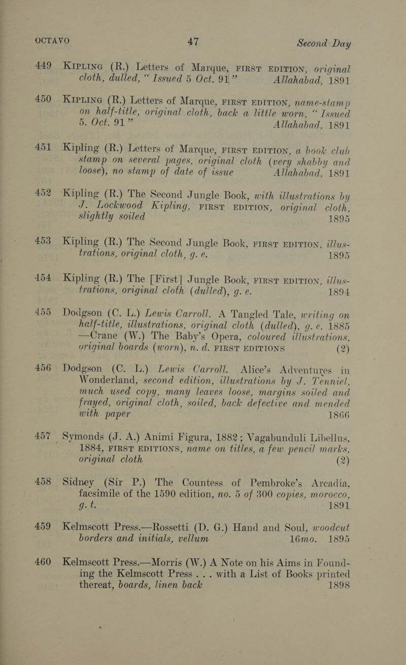 449 450 451 452 453 454 456 457 458 459 460 Kiptine (R.) Letters of Marque, FIRST EDITION, original cloth, dulled, “ Issued 5 Oct. 91\” Allahabad, 1891 Kipuine (R.) Letters of Marque, First EDITION, name-stam p on half-title, original cloth, back a little worn, “ Issued etree. 91.7 Allahabad, 1891 Kipling (R.) Letters of Marque, rirst EDITION, a book club stamp on several pages, original cloth (very shabby and loose), no stamp of date of issue Allahabad, 1891 Kipling (R.) The Second Jungle Book, with illustrations by J. Lockwood Kipling, First EDITION, original cloth, slightly soiled 1895 Kipling (R.) The Second Jungle Book, First EDITION, illus- trations, original cloth, g. e. 1895 Kipling (R.) The [First] Jungle Book, rrrst EDITION, i//us- trations, original cloth (dulled), g. e. 1894 Dodgson (C. L.) Lewis Carroll. A Tangled Tale, writing on half-title, illustrations, original cloth (dulled), g. e. 1885 Crane (W.) The Baby’s Opera, coloured illustrations, vriginal boards (worn), n. d. FIRST EDITIONS (2)  Dodgson (C. L.) Lewis Carroll. Alice’s Adventures in Wonderland, second edition, illustrations by J. Tenniel, much used copy, many leaves loose, margins soiled and frayed, original cloth, soiled, back defective and mended with paper 1866 1884, FIRST EDITIONS, name on titles, a few pencil marks, original cloth (2) Sidney (Sir P.) The Countess of Pembroke’s Arcadia, facsimile of the 1590 edition, no. 5 of 300 copies, morocco, pan 1891 Kelmscott Press.—Rossetti (D. G.) Hand and Soul, woodcut borders and initials, vellum 16mo. 1895 Kelmscott Press.—Morris (W.) A Note on his Aims in Found- ing the Kelmscott Press... with a List of Books printed