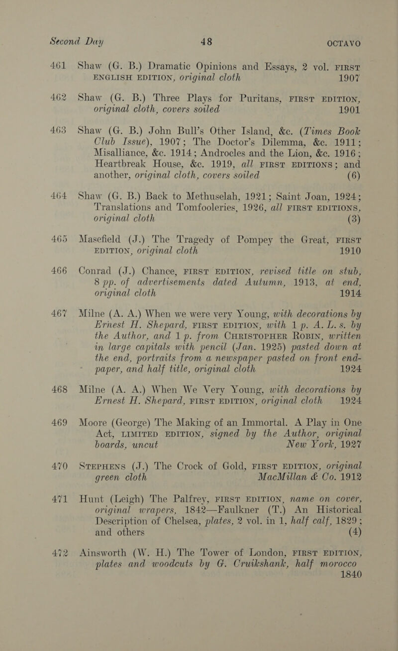 461 463 464 465 466 467 468 469 470 471 Shaw (G. B.) Dramatic Opinions and Essays, 2 vol. FIRST ENGLISH EDITION, original cloth 1907 Shaw (G. B.) Three Plays for Puritans, FIRST EDITION, original cloth, covers soiled 1901 Shaw (G. B.) John Bull’s Other Island, &amp;. (Times Book Club Issue), 1907; The Doctor’s Dilemma, &amp;c. 1911; Misalliance, &amp;c. 1914; Androcles and the Lion, &amp;. 1916; Heartbreak House, &amp;c. 1919, all FIRST EDITIONS; and another, original cloth, covers soled (6) Shaw (G. B.) Back to Methuselah, 1921; Saint Joan, 1924; Translations and Tomfooleries, 1926, all FIRST EDITIONS, original cloth (3) Masefield (J.) The Tragedy of Pompey the Great, FIRST EDITION, original cloth 1910 Conrad (J.) Chance, FIRST EDITION, revised title on stub, 8 pp. of advertisements dated Autumn, 1913, at end, original cloth 1914 Milne (A. A.) When we were very Young, with decorations by Ernest H,. Shepard, FrRSTt EDITION, with 1 p. A. LD. s. by the Author, and 1p. from CHRISTOPHER RoBIn, written in large capitals with pencil (Jan. 1925) pasted down at the end, portraits from a newspaper pasted on front end- paper, and half title, original cloth 1924 Milne (A. A.) When We Very Young, with decorations by Ernest H. Shepard, FIRST EDITION, original cloth 1924 Moore (George) The Making of an Immortal. A Play in One Act, LIMITED EDITION, signed by the Author, original boards, uncut New York, 192% STEPHENS (J.) The Crock of Gold, FIRST EDITION, original green cloth MacMillan &amp; Co. 1912 Hunt (Leigh) The Palfrey, FIRST EDITION, name on cover, original wrapers, 1842—Faulkner (T.) An Historical Description of Chelsea, plates, 2 vol. in 1, half calf, 1829 ; and others (4)  Ainsworth (W. H.) The Tower of London, FIRST EDITION, plates and woodcuts by G. Cruikshank, half morocco 1840