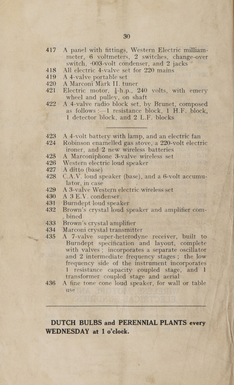 417 418 419 420 421 422 423 424 425 426 427 428 429 430 431 432 433 434 435 436 30 A panel with fittings, Western Electric milliam- meter, 6 voltmeters, 2 switches, change-over switch, -003-volt condenser, and 2 jacks All electric 4-valve set for 220 mains A 4-valve portable set A Marconi Mark II. tuner Electric motor, %-h.p., 240 volts, with emery wheel and pulley, on shaft A 4-valve radio block set, by Brunet, composed as follows :—1 resistance block, 1 H.F. block, 1 detector block, and 2 L.F. blocks A 4-volt battery with lamp, and an electric fan Robinson enamelled gas stove, a 220-volt electric ironer, and 2 new wireless batteries A Marconiphone 3-valve wireless set Western electric loud speaker A ditto (base) C.A.V. loud speaker (base), and a 6-volt accumu- lator, in case A 3-valve Western electric wireless set A 3E.V. condenser Burndept loud speaker Brown’s crystal loud speaker and amplifier com- , bined Brown’s crystal amplifier Marconi crystal transmitter A 7-valve super-heterodyne receiver, built to Burndept specification and layout, complete with valves ; incorporates a separate oscillator and 2 intermediate frequency stages; the low frequency side of the instrument incorporates | resistance capacity coupled stage, and 1 transformer coupled stage and aerial A fine tone cone loud speaker, for wall or table use