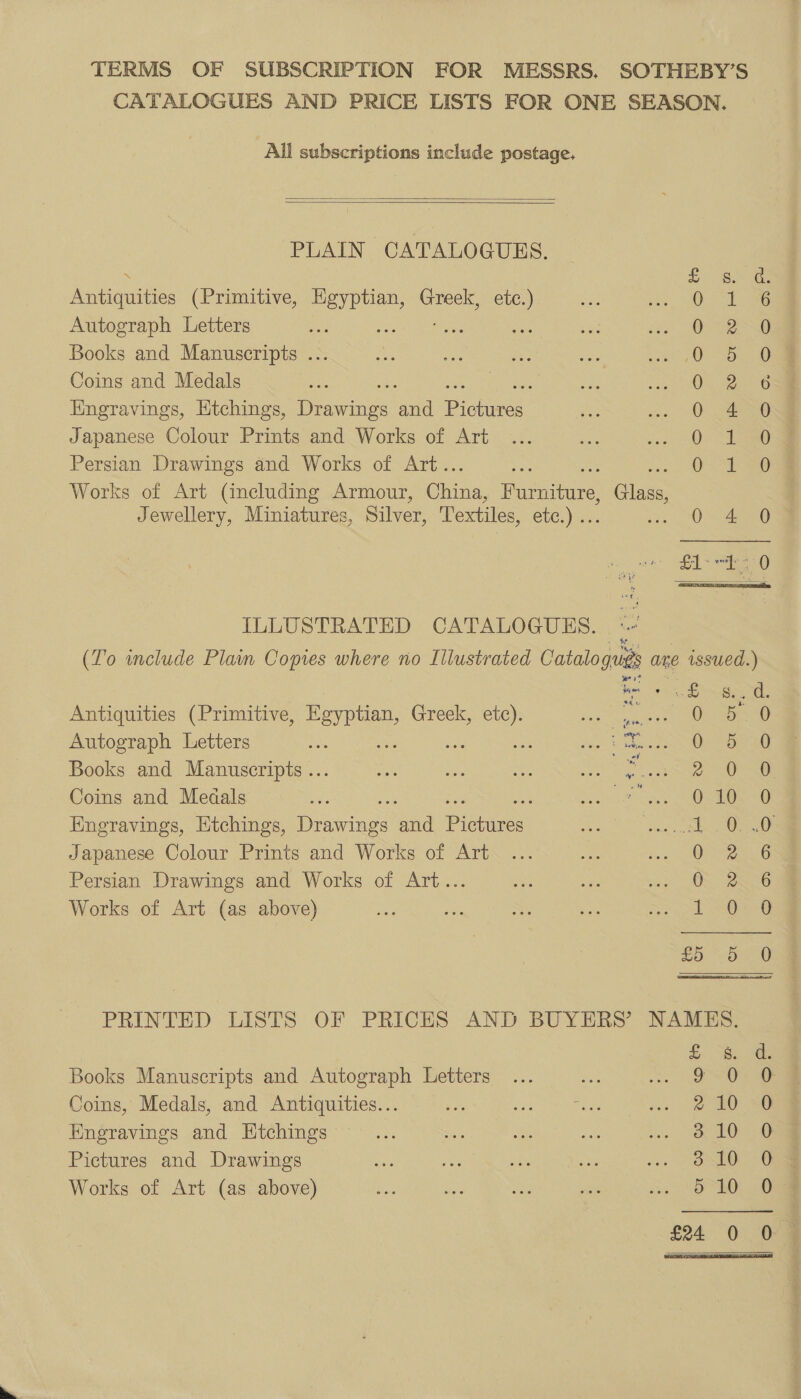 TERMS OF SUBSCRIPTION FOR MESSRS. SOTHEBY’S CATALOGUES AND PRICE LISTS FOR ONE SEASON. All subscriptions include postage.   PLAIN CATALOGUES. Actanitibs (Primitive, Hgyptian, Greek, etc.) Autograph Letters ae Ses eae Books and Manuscripts ... Coins and Medals ‘ Engravings, Ktchings, Dems ame Piensa Japanese Colour Prints and Works of Art Persian Drawings and Works of Art.. Works of Art (including Armour, Ghia, Rarer Gis Jewellery, Miniatures, Silver, Textiles, GUC, yee 0 4 0 SOC OCOCO Oom BH Bw oweHPe, Sooaceoeat ILLUSTRATED CATALOGUES. (To wnclude Plain Copies where no Illustrated Catalogu ane e issued.) fies ° Antiquities (Primitive, Egyptian, Greek, etc). nena Autograph Letters . sens oe, oe eee Books and Manuscripts ... Hag me aa ek a eee Coins and Medals ; Engravings, Htchings, nae ‘ana Pichues Japanese Colour Prints and Works of Art Persian Drawings and Works of Art... Works of Art (as above) Siege me Ree ag = we BS 8 do: SIS oS cx oY gf OG es Ges th Or Or © PRINTED LISTS OF PRICES AND BUYERS’ NAMES. Se Ab Books Manuscripts and Autograph Letters ... a Be a Coins, Medals, and Antiquities... signee = ta ws ee Oe Engravings and Etchings ... So ie ae ere et, Pictures and Drawings SLOG Works of Art (as above) 5°80, 6 rar) oo HS =) ee 