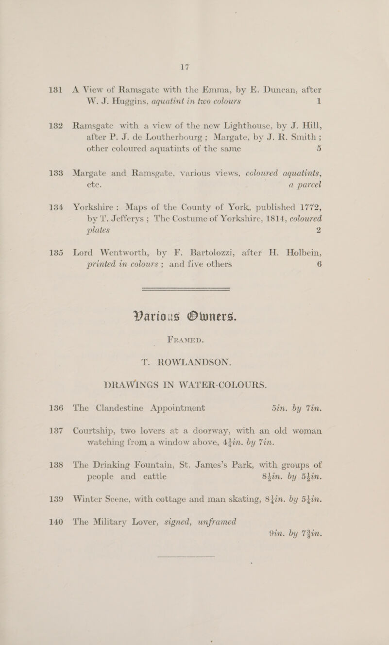 131 132 133 134 135 136 137 138 139 140 17 A View of Ramsgate with the Emma, by E. Duncan, after W. J. Huggins, aquatint in two colours 1 Ramsgate with a view of the new Lighthouse, by J. Hill, after P. J. de Loutherbourg ; Margate, by J. R. Smith ; other coloured aquatints of the same 5 Margate and Ramsgate, various views, coloured aquatints, ete. a parcel Yorkshire : Maps of the County of York, published 1772, by 'l’. Jefferys ; The Costume of Yorkshire, 1814, coloured plates 2 Lord Wentworth, by F. Bartolozzi, after H. Holbein, printed in colours ; and five others 6 Various Owners. FRAMED. T. ROWLANDSON. DRAWINGS IN WATER-COLOURS. The Clandestine Appointment 5in. by Tin. Courtship, two lovers at a doorway, with an old woman watching from a window above, 43in. by Tin. The Drinking Fountain, St. James’s Park, with groups of people and cattle 8iin. by 54en. Winter Scene, with cottage and man skating, 8}in. by 54in. The Military Lover, signed, unframed 9in. by 72in.