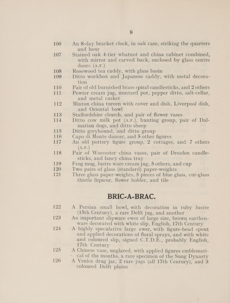 106 107 108 109 110 111 112 113 114 115 116 Ly 118 119 120 121 8 An 8-day bracket clock, in oak case, striking the quarters and hour | Stained oak 4-tier whatnot and china cabinet combined, with mirror and carved back, enclosed by glass centre doors (A.F.) Rosewood tea caddy, with glass basin Ditto workbox and Japanese caddy, with metal decora- tion Pair of old burnished brass spiral candlesticks, and 2 others Pewter cream jug, mustard pot, pepper ditto, salt-cellar, and metal casket Minton china tureen with cover and dish, Liverpool dish, and Oriental bowl Staffordshire church, and pair of flower vases Ditto cow milk pot (A.F.), hunting group, pair of Dal- matian dogs, and ditto sheep Ditto greyhound, and ditto group Capo di Monte dancer, and 5 other figures An old pottery figure group, 2 cottages, and 7 others (A.F.) Pair of Worcester china vases, pair of Dresden candle- sticks, and fancy china tray Frog mug, lustre ware cream jug, 5 others, and cup Two pairs of glass (standard) paper-weights Three glass paper-weights, 5 pieces of blue glass, cut-glass thistle liqueur, flower holder, and tile BRIC-A-BRAC. A Persian small bowl, with decoration in ruby lustre (15th Century), a rare Delft jug, and another An important slipware ewer of large size, brown earthen- ware decorated with white slp, English, 17th Century A highly speculative large ewer, with figure-head spout and applied decorations of floral sprays, and with white and coloured slip, signed C.T.D.E., probably English, 17th Century A Chinese vase, unglazed, with applied figures emblemati- cal of the months, a rare specimen of the Sung Dynasty A Venice drug jar, 2 rare jugs (all 17th Century), and 3 coloured Delft plates