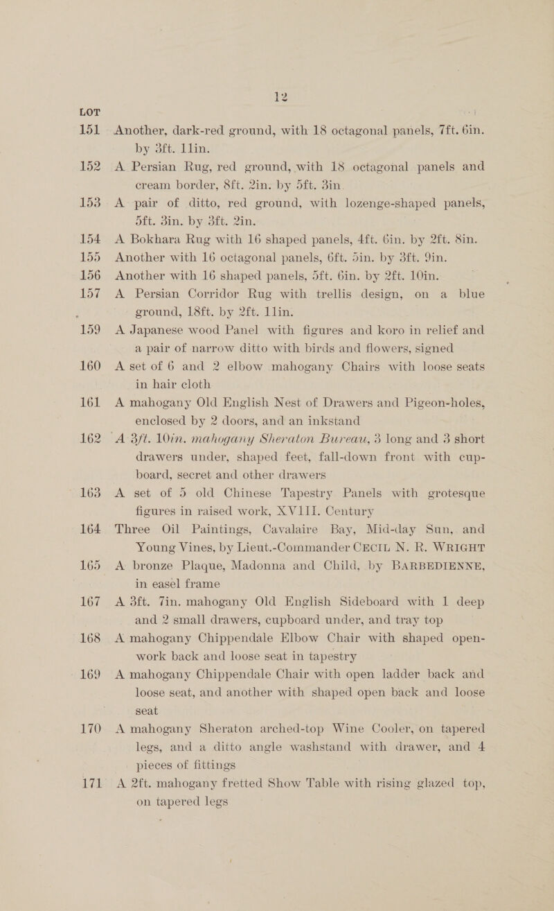 151 L609 170 12 Another, dark-red ground, with 18 octagonal panels, 7ft. 6in. by atts, 1 link A Persian Rug, red ground, with 18 octagonal panels and cream border, 8ft. 2in. by 5ft. 3in. | A pair of ditto, red ground, with lozenge-shaped panels, ott. Jim, b plorts gin. A Bokhara Rug with 16 shaped panels, 4ft. Gin. by 2ft. Sin. Another with 16 octagonal panels, 6ft. din. by 3ft. 9in. Another with 16 shaped panels, dft. 6in. by 2ft. 10in. A Persian Corridor Rug with trellis design, on a _ blue ground, 18ft. by 2ft. 1lin. A Japanese wood Panel with figures and koro in relief and a pair of narrow ditto with birds and flowers, signed A set of 6 and 2 elbow mahogany Chairs with loose seats in hair cloth : A mahogany Old English Nest of Drawers and Pigeon-holes, enclosed by 2 doors, and an inkstand drawers under, shaped feet, fall-down front with cup- board, secret and other drawers A set of 5 old Chinese Tapestry Panels with grotesque figures in raised work, XVIII. Century Three Oil Paintings, Cavalaire Bay, Mid-day Sun,. and Young Vines, by Lieut.-Commander CECIL N. R. WRIGHT A bronze Plaque, Madonna and Child, by BARBEDIENNE, in easel frame A 3ft. Zin. mahogany Old English Sideboard with 1 deep and 2 small drawers, cupboard under, and tray top A mahogany Chippendale Elbow Chair with shaped open- work back and loose seat in tapestry loose seat, and another with shaped open back and loose seat A mahogany Sheraton arched-top Wine Cooler, on tapered legs, and a ditto angle washstand with drawer, and 4 pieces of fittings A 2ft. mahogany fretted Show Table with rising glazed _ top, on tapered legs