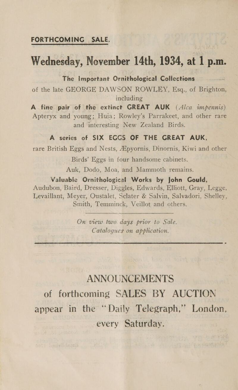 FORTHCOMING | SALE. Wednesday, November 14th, 1934, at 1 p.m. The Important Ornithological Collections — of the late GEORGE DAWSON ROWLEY, Esg., of Brighton, including A fine pair of the extinct GREAT AUK (Alca impennis) Apteryx and young; Huia; Rowley’s Parrakeet, and other rare and interesting New Zealand Birds. A series of SIX EGGS OF THE GREAT AUK, rare British Eggs and Nests, A‘pyornis, Dinornis, Kiwi and other Birds’ Eggs in four handsome cabinets. Auk, Dodo, Moa, and Mammoth remains. Valuable Ornithological Works by John Gould, Audubon, Baird, Dresser, Diggles, Edwards, Elliott, Gray, Legge, Levaillant, Meyer, Oustalet, Sclater &amp; Salvin, Salvadori, Shelley, Smith, Temminck, Veillot and others. On view two days prior to Sale. Catalogues on application. ANNOUNCEMENTS of forthcoming SALES BY AUCTION appear in the “Daily Telegraph,’ London, every Saturday.