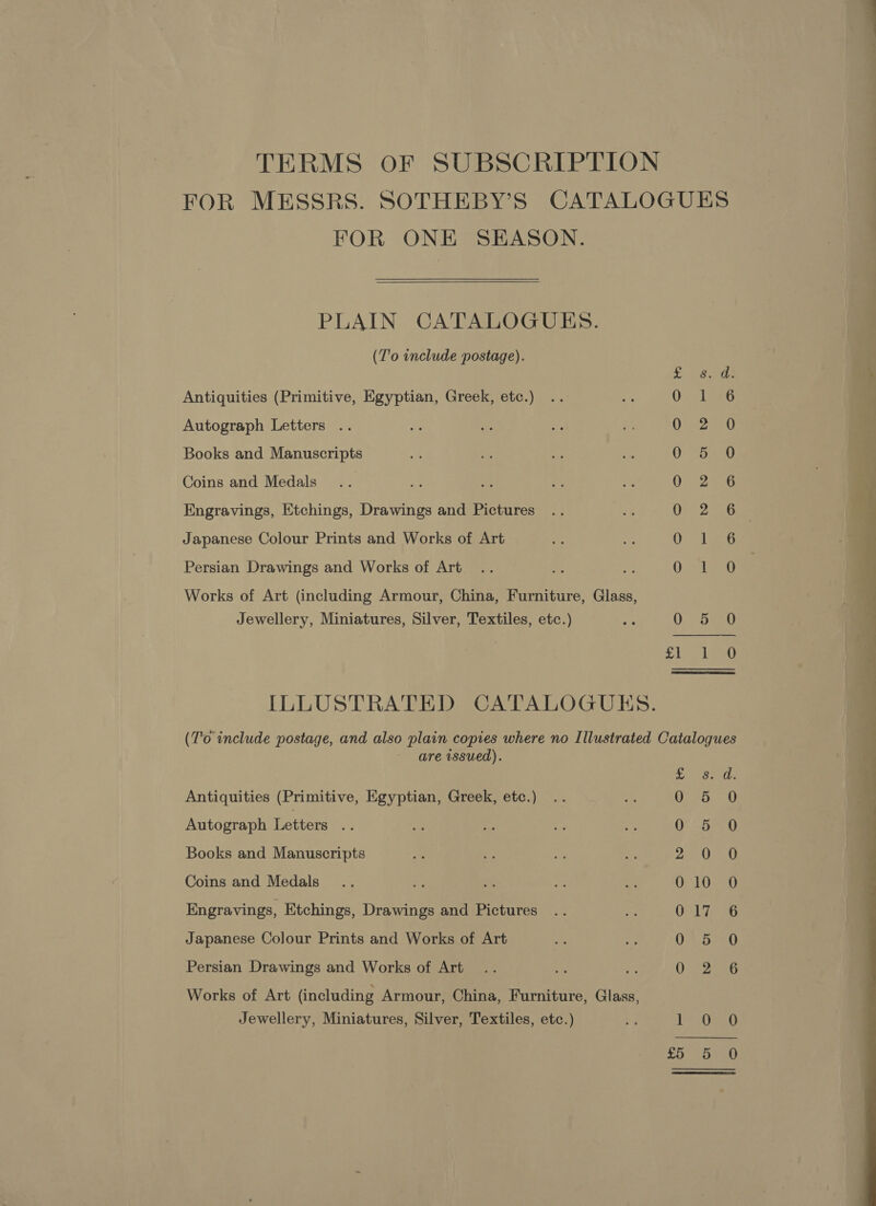 FOR MESSRS. SOTHEBY’S CATALOGUES FOR ONE SEASON. PLAIN CATALOGUES. (T'o include postage). pe Pers 5 Antiquities (Primitive, Egyptian, Greek, etc.) On yi aE Autograph Letters .. On 2a0 Books and Manuscripts 025 45u Coins and Medals 0 2 6 ; Engravings, Etchings, Drawings and Pictures Or 2.2 Om Japanese Colour Prints and Works of Art Ov ro _— Persian Drawings and Works of Art i Obie q Works of Art (including Armour, China, Furniture, Glass, Jewellery, Miniatures, Silver, Textiles, etc.) 0 5 0 : £1 ne 4 ILLUSTRATED CATALOGUES. (T'o include postage, and also plain copies where no Illustrated Catalogues are issued). oe iD a=. Antiquities (Primitive, Egyptian, Greek, etc.) Autograph Letters os Books and Manuscripts Coins and Medals Engravings, Etchings, Drawings and Pictures Japanese Colour Prints and Works of Art es) ten Gee) em AN (es) =e. — nwo ol = Spin ae (ery Gies!) Ter) ) Stam ie sa; Persian Drawings and Works of Art Works of Art (including Armour, China, Furniture, Glass, Jewellery, Miniatures, Silver, Textiles, etc.) — ee, co 