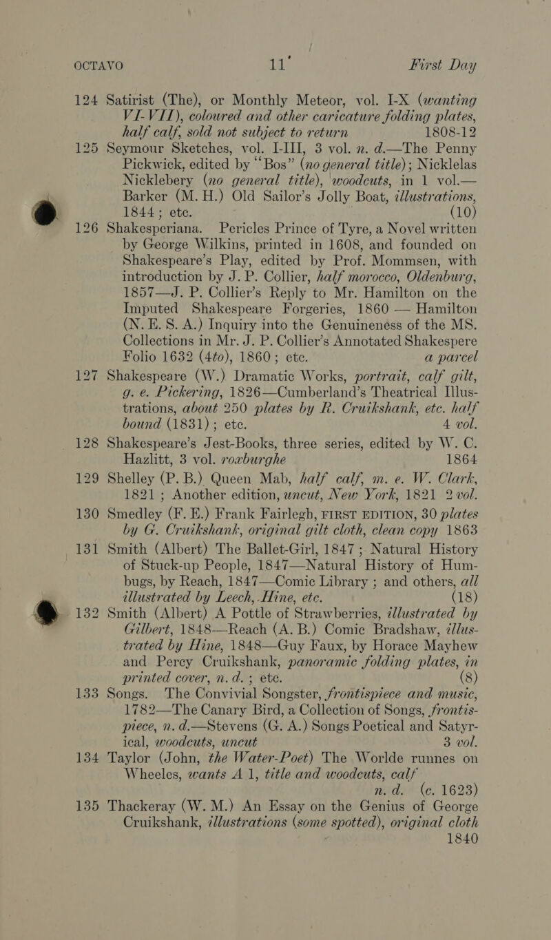 ’ 124 125 126 134 135 Satirist (The), or Monthly Meteor, vol. LX (wanting VI-VITI), coloured and other caricature folding plates, half calf, sold not subject to return 1808-12 Seymour Sketches, vol. I-III, 3 vol. x. d—The Penny Pickwick, edited by “Bos” (no general title) ; Nicklelas Nicklebery (no general title), ‘woodcuts, in 1 vol.— Barker (M.H.) Old Sailor’s Jolly Boat, illustrations, 1844 ; ete. (10) Shakesperiana. Pericles Prince of Tyre, a Novel written by George Wilkins, printed in 1608, and founded on Shakespeare’s Play, edited by Prof. Mommsen, with introduction by J. P. Collier, half morocco, Oldenburg, 1857—J. P. Collier’s Reply to Mr. Hamilton on the Imputed Shakespeare Forgeries, 1860 — Hamilton (N. E.S. A.) Inquiry into the Genuineness of the MS. Collections in Mr. J. P. Collier’s Annotated Shakespere Folio 1632 (4¢0), 1860; ete. a parcel Shakespeare (W. ) Dramatic Works, portrait, calf gilt, g. e. Pickering, 1826 BS Gan berlane Theatrical Illus- trations, about 250 plates by R. Cruikshank, etc. half bound (1831) - ete. 4 vol. Shakespeare’s Jest-Books, three series, edited by W. C. Hazlitt, 3 vol. roxburghe 1864 Shelley (P. B.) Queen Mab, half calf, m. e. W. Clark, 1821 ; Another edition, wncut, New York, 1821 2 vol. Smedley (F. E.) Frank Fairlegh, FIRST EDITION, 30 plates by G. Cruikshank, original gilt cloth, clean copy 1863 Smith (Albert) The Ballet-Girl, 1847; Natural History of Stuck-up People, 1847—Natural History of Hum- bugs, by Reach, 1847—Comie Library ; and others, a// illustrated by Leech,. Hine, ete. (18) Smith (Albert) A Pottle of Strawberries, ¢llustrated by Gilbert, 1848—Reach (A. B.) Comic Bradshaw, @las- trated by Hine, 1848—Guy Faux, by Horace Mayhew and Perey Cruikshank, panoramic folding plates, in printed cover, n.d. ; ete. (8) Songs. The Convivial Songster, frontispiece and music, 1782—The Canary Bird, a Collection of Songs, frontis- piece, n. d.—Stevens (G. A.) Songs Poetical and Satyr- ical, woodcuts, uncut 3 vol. Taylor (John, the Water-Poet) The Worlde runnes on Wheeles, wants A 1, title and woodcuts, calf n.d. (c. 1623) Thackeray (W. M.) An Essay on the Genius of George Cruikshank, ¢lustrations (some spotted), original cloth 1840