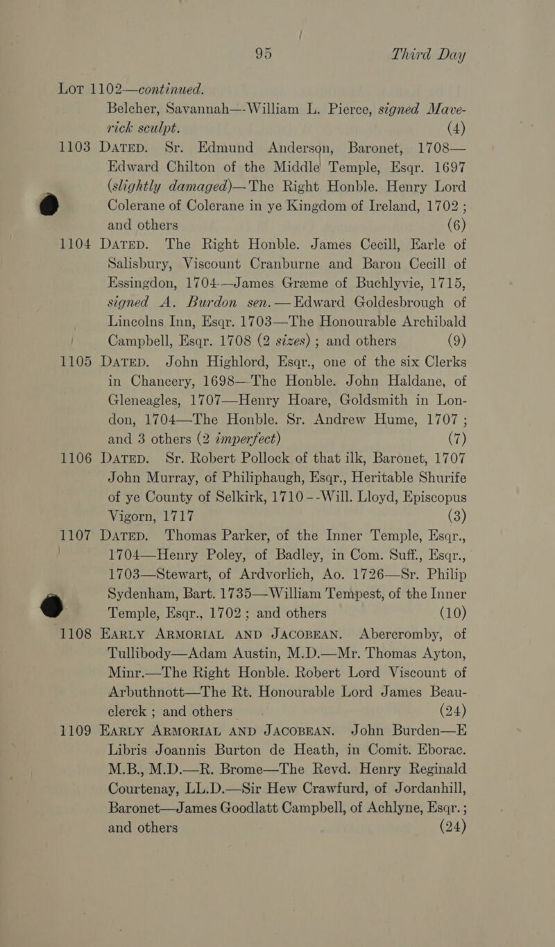 Lor 1102—continued. Belcher, Savannah—-William L. Pierce, signed Mave- rick sculpt. (4) 1103 Datep, Sr. Edmund Anderson, Baronet, 1708— Edward Chilton of the Middle Temple, Esqr. 1697 (slightly damaged)—The Right Honble. Henry Lord Colerane of Colerane in ye Kingdom of Ireland, 1702 ; and others (6) 1104 Datep. The Right Honble. James Cecill, Earle of Salisbury, Viscount Cranburne and Baron Cecill of Essingdon, 1704-—James Greme of Buchlyvie, 1715, signed A. Burdon sen.— Edward Goldesbrough of Lincolns Inn, Esqr. 1703—The Honourable Archibald Campbell, Esqr. 1708 (2 stzes) ; and others (9) 1105 Datep. John Highlord, Esqr., one of the six Clerks in Chancery, 1698—-The Honble. John Haldane, of Gleneagles, 1707—-Henry Hoare, Goldsmith in Lon- don, 1704—-The Honble. Sr. Andrew Hume, 1707 ; and 3 others (2 imperfect) (7) 1106 Datep. Sr. Robert Pollock of that ilk, Baronet, 1707 John Murray, of Philiphaugh, Esqr., Heritable Shurife of ye County of Selkirk, 1710 —-Will. Lloyd, Episcopus Vigorn, 1717 (3) 1107 DatTEp. Thomas Parker, of the Inner Temple, Esqr., 1704—Henry Poley, of Badley, in Com. Suff., Esqr., 1703—Stewart, of Ardvorlich, Ao. 1726—Sr. Philip Sydenham, Bart. 1735—-William Tempest, of the Inner 3 Temple, Esqr., 1702; and others (10) (1108 Earty ARMORIAL AND JACOBEAN. Abercromby, of Tullibody—Adam Austin, M.D.—Mr. Thomas Ayton, Minr.—The Right Honble. Robert Lord Viscount of Arbuthnott—The Rt. Honourable Lord James Beau- clerck ; and others (24) 1109 EarRty ARMORIAL AND JACOBEAN. John Burden—E Libris Joannis Burton de Heath, in Comit. Eborac. M.B., M.D.—R. Brome—The Revd. Henry Reginald Courtenay, LL.D.—Sir Hew Crawfurd, of Jordanhill, Baronet—James Goodlatt Campbell, of Achlyne, Esar. ; and others (24)